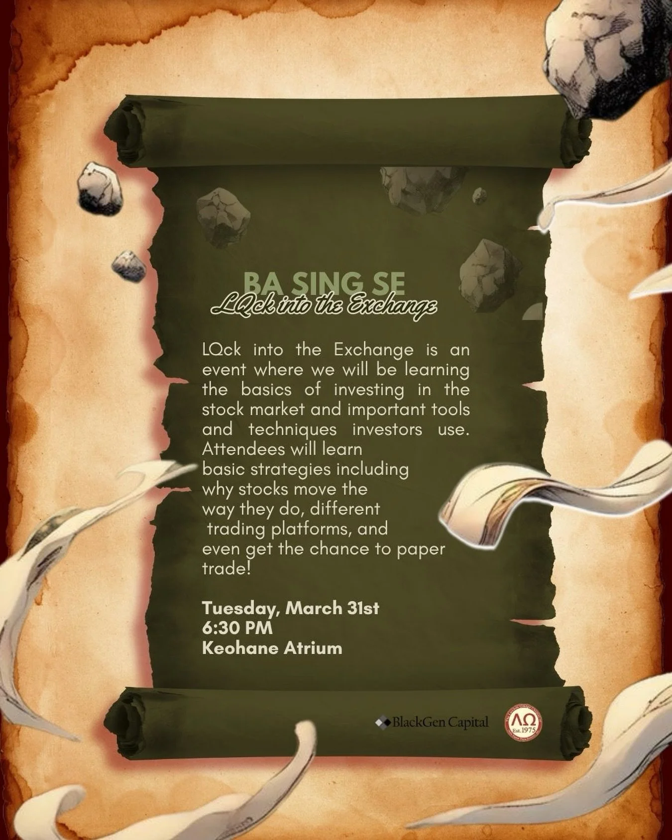 Next up in Delta Week, we are heading to the Earth kingdom for &ldquo;LQck into the Exchange&rdquo;. In this collab event with BlackGen Capital, we will be learning the ins and outs of the stock exchange. Join us in Keohane Atrium next Tuesday at 6:3