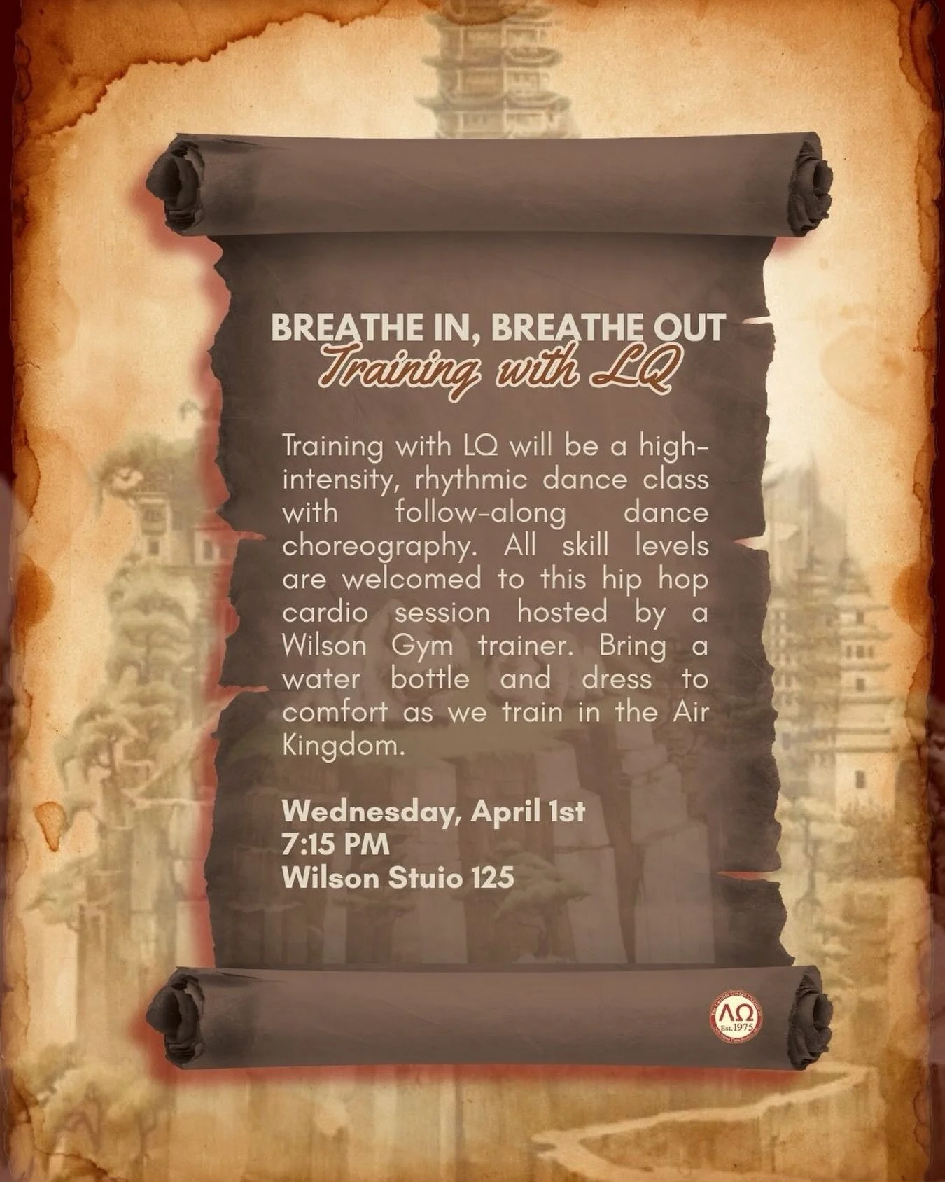 Next up in our 2026 Delta Week is Breathe In, Breathe Out: Training with LQ. We &lsquo;re traveling to the air kingdom for this high-energy, hip hop cardio event. All dancing levels are welcome! Dance with us on Wednesday, April 1st at 7:15 PM in Wil