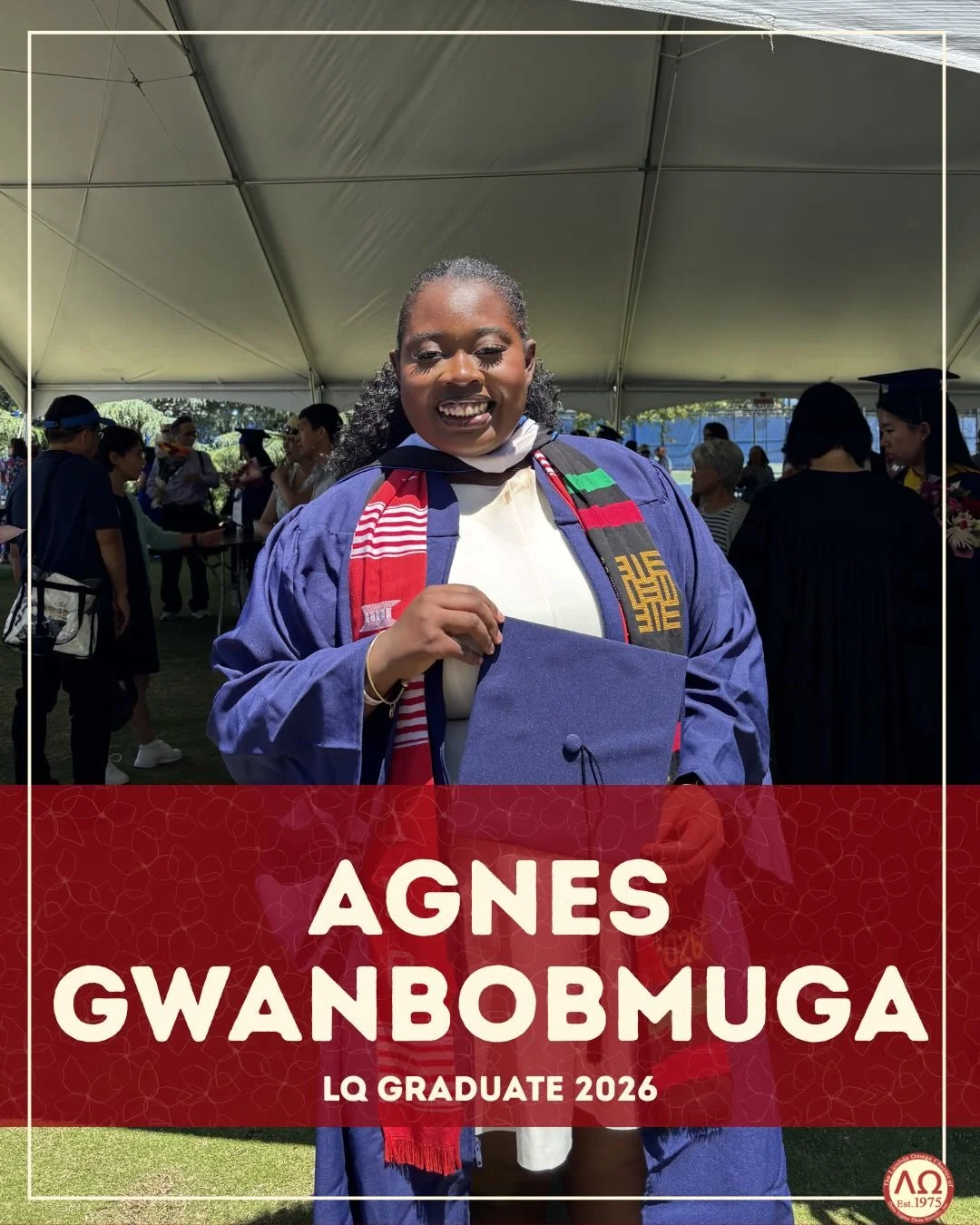 The Legendary Lambda Omega Chapter of Delta Sigma Theta Sorority, Inc. would like to recognize our outstanding graduates! Up next, we have Soror Agnes Gwanbobmuga.

Soror Gwanbobmuga graduated with a Bachelor of Arts in Public Policy with a Child Pol