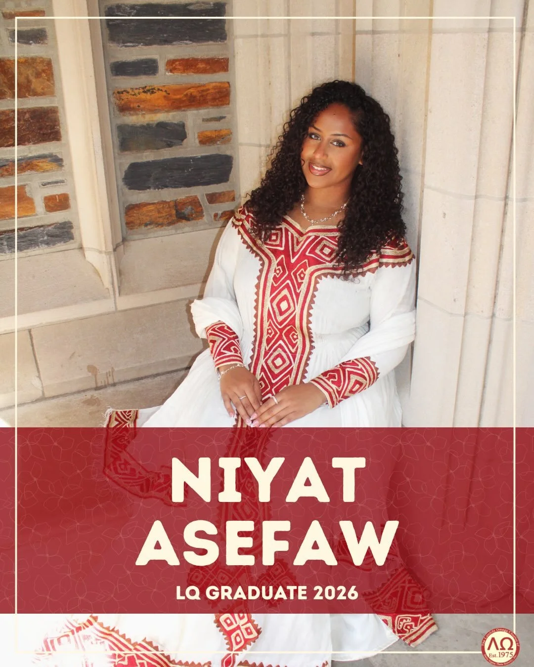 The Legendary Lambda Omega Chapter of Delta Sigma Theta Sorority, Inc. would like to recognize our outstanding graduates! Our next graduate is Soror Niyat Asefaw.

Soror Asefaw graduated with a Bachelor of Arts in Public Policy, with a Minor in Compu