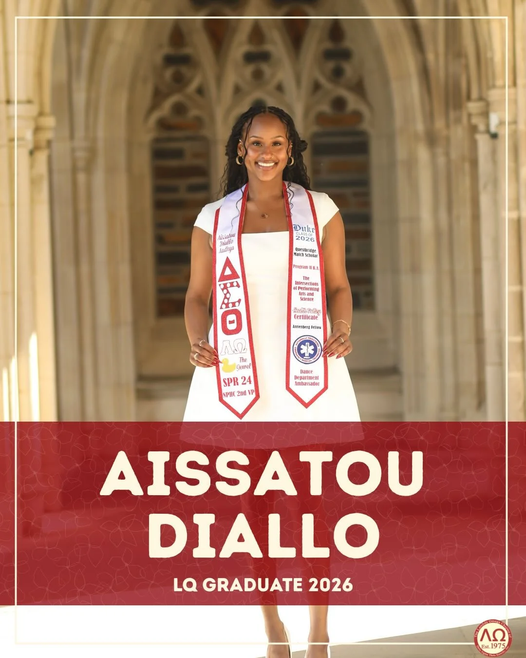 The Legendary Lambda Omega Chapter of Delta Sigma Theta Sorority, Inc. would like to recognize our outstanding graduates! Up next, we have Soror Assiatou Diallo.

Soror Diallo graduated with a Bachelor of Arts in her self-designed major, &ldquo;The I