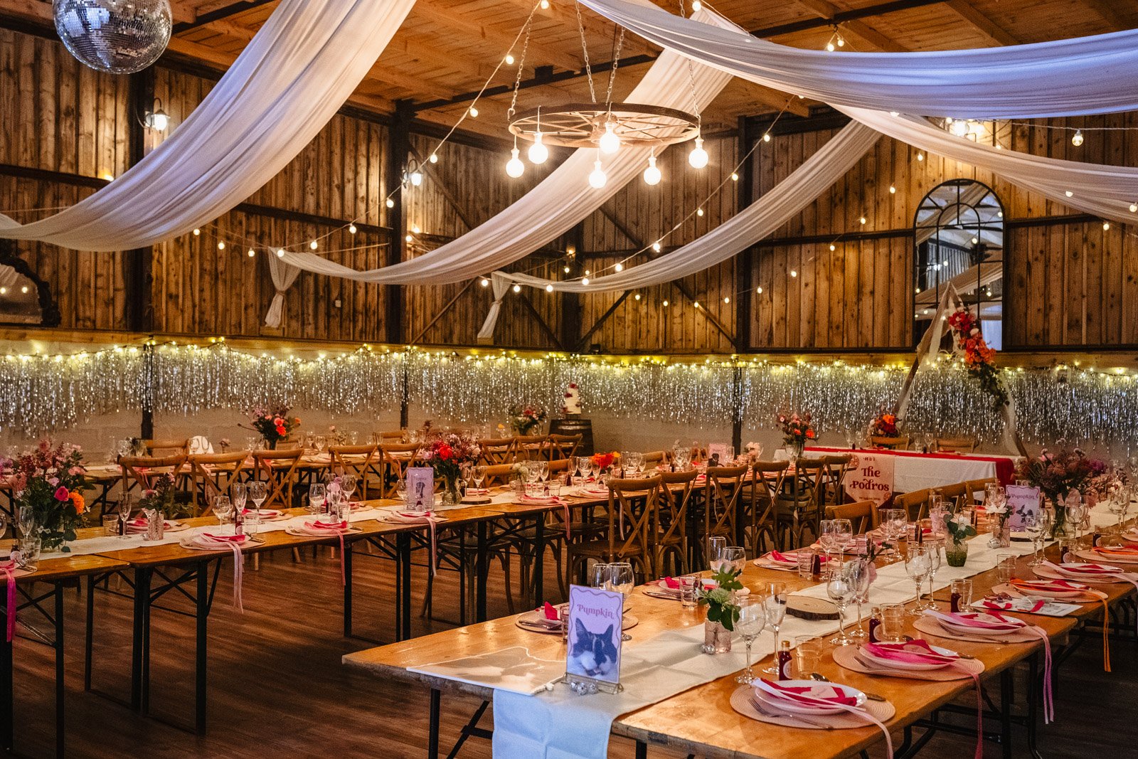 The internal barn space at Peak District Holiday Barn, decorated ready for a wedding reception