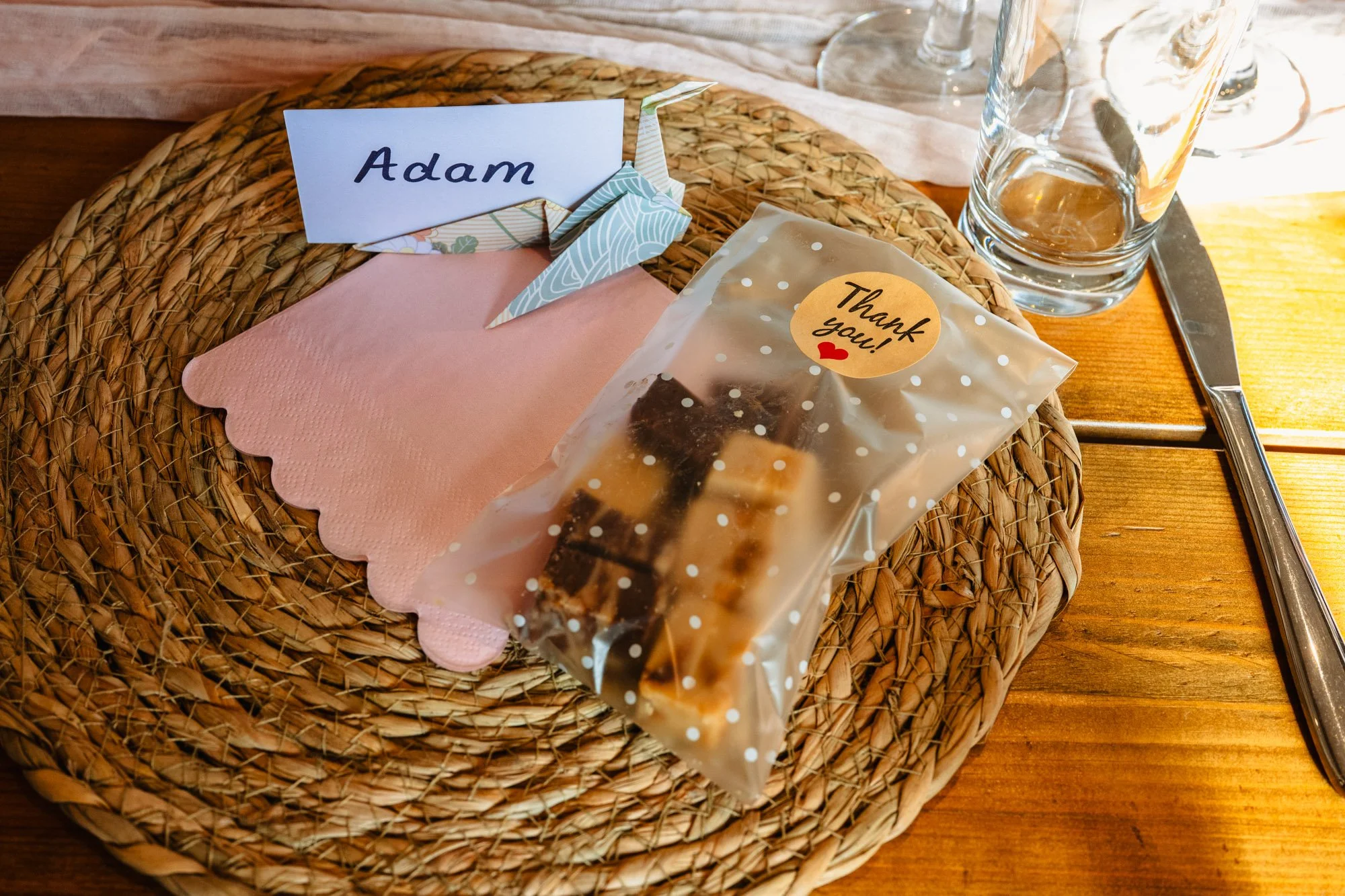 photograph of a bag of brownies and fudge - wedding favours at a wedding at Moat Hall Barns