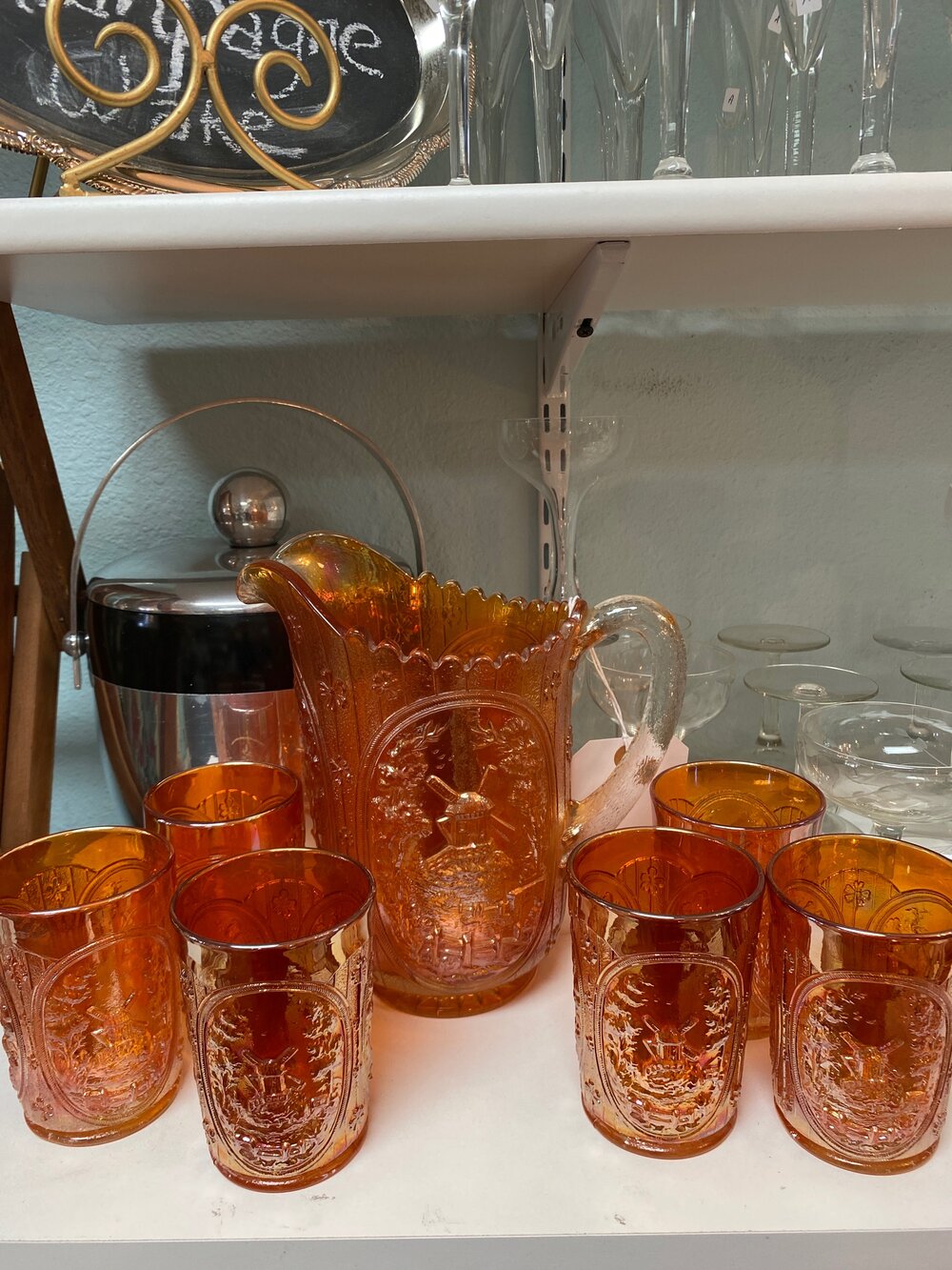 Antique Imperial Carnival Glass Marigold Windmill Pitcher and 6 Glasses —  Summer Porch Vintage Living Sacramento (916) 444-2900