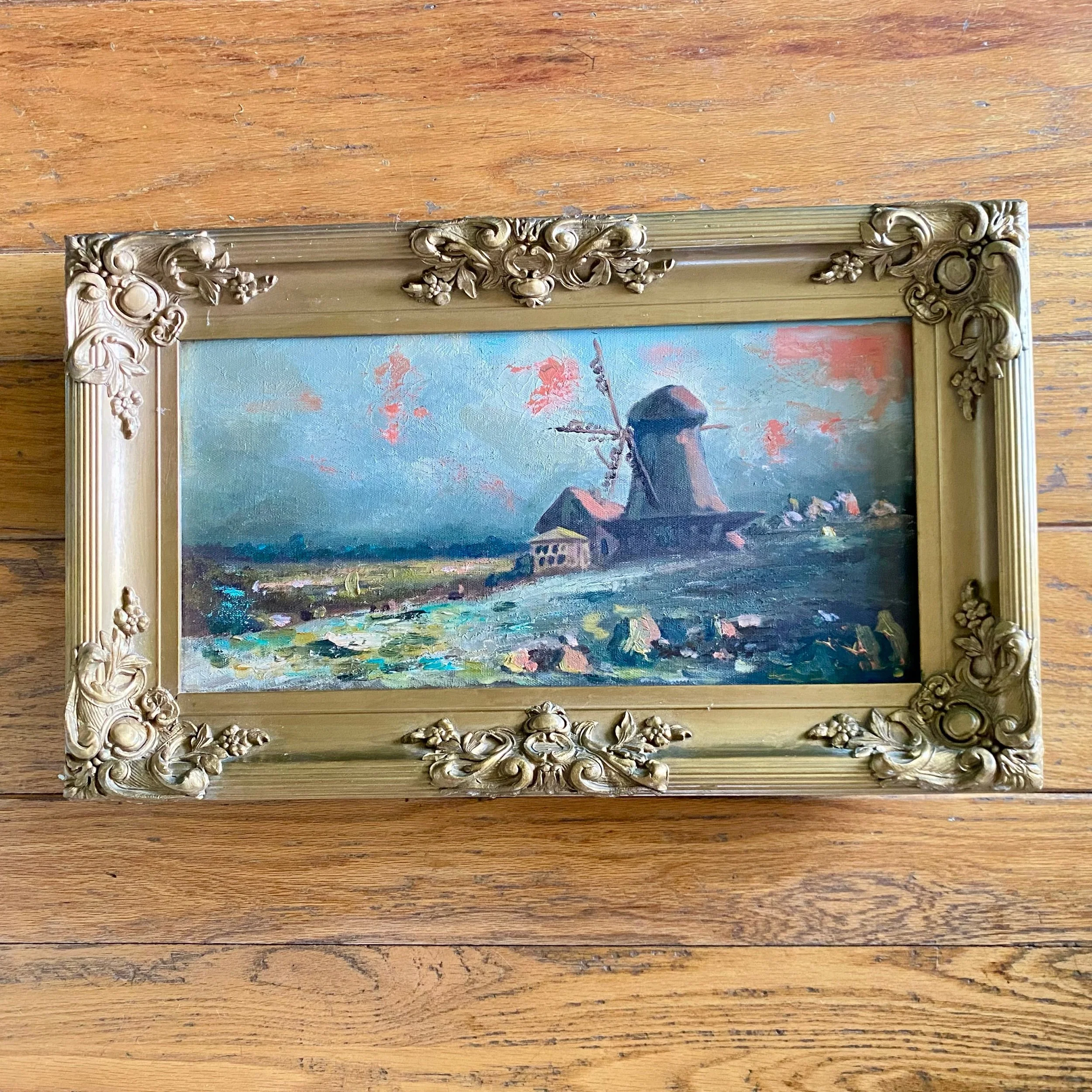 Antique Gold Framed Oil on Canvas "Windmill"