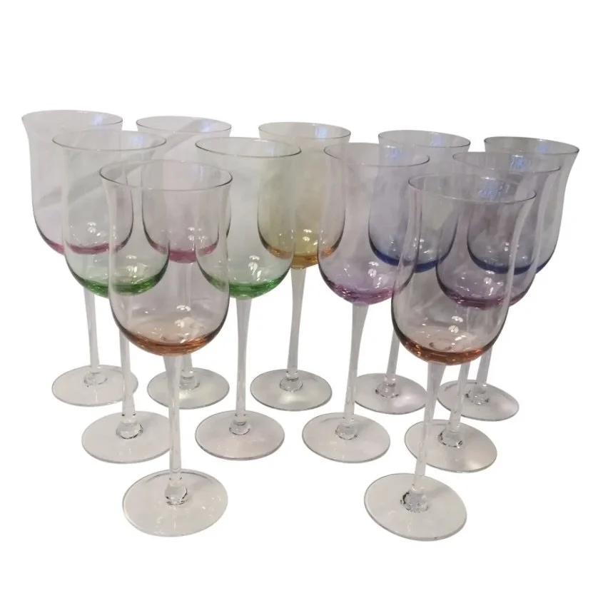 Vintage Italian Multi Colored Tall Stem Crystal Wine Glasses - Set of 11