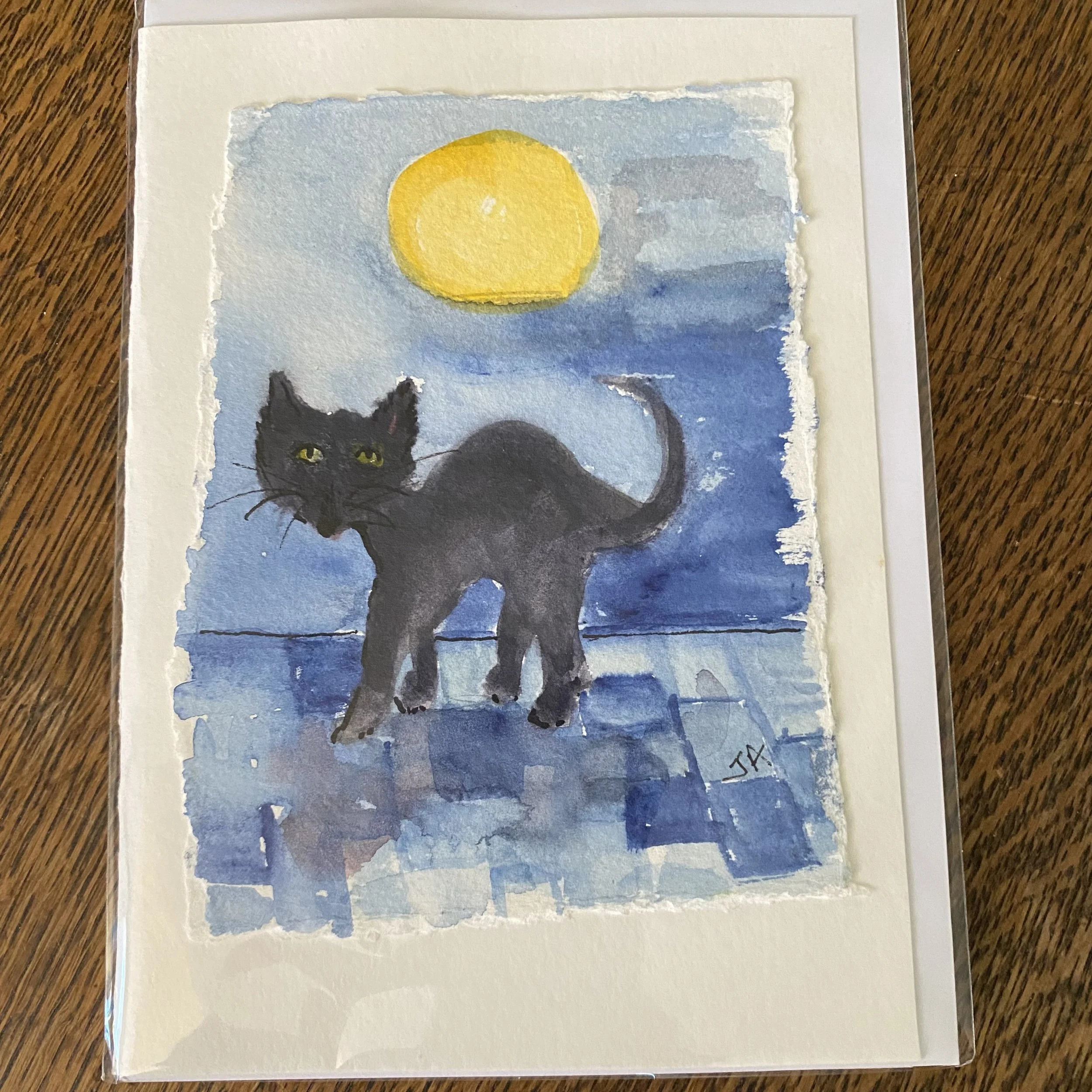 Spooky Cat Full Moon Card - Original Watercolor Card by Judy Adams California Artist