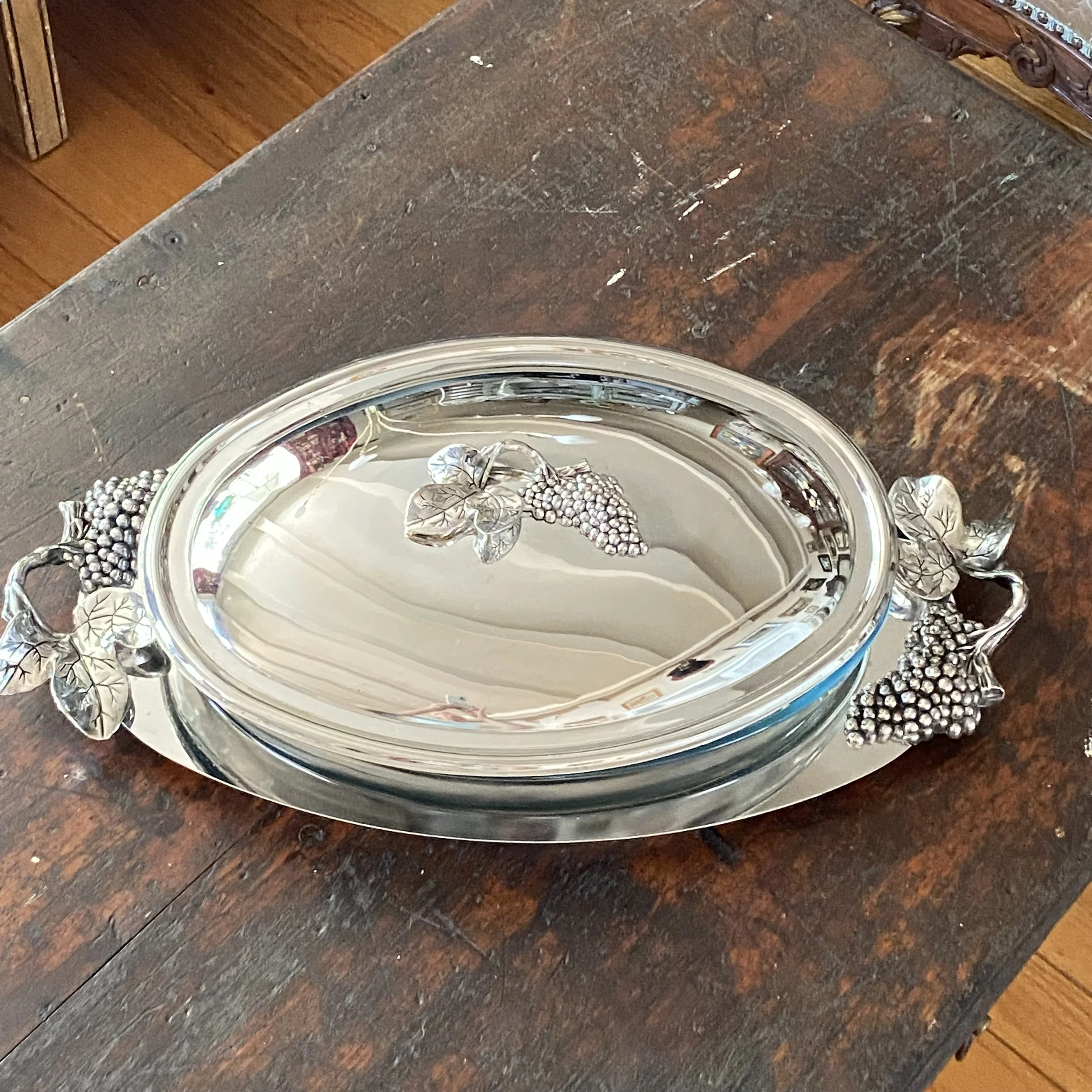 Vintage Silver-Plated Serving Dish with Cast Grape Motif by Godinger - 3 Piece