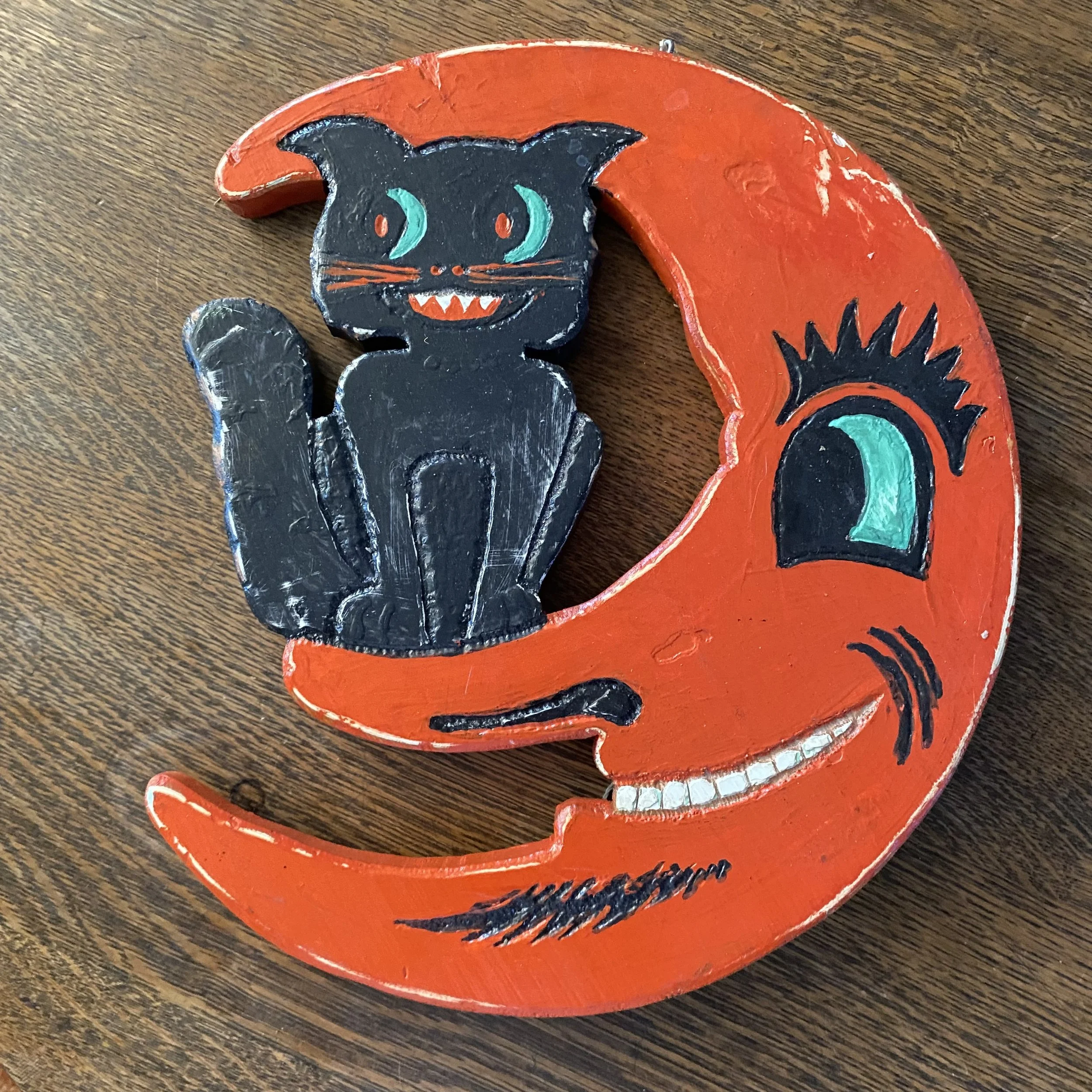 Whimsical Cat on a Crescent Moon Folk Art - 2 sided handing art