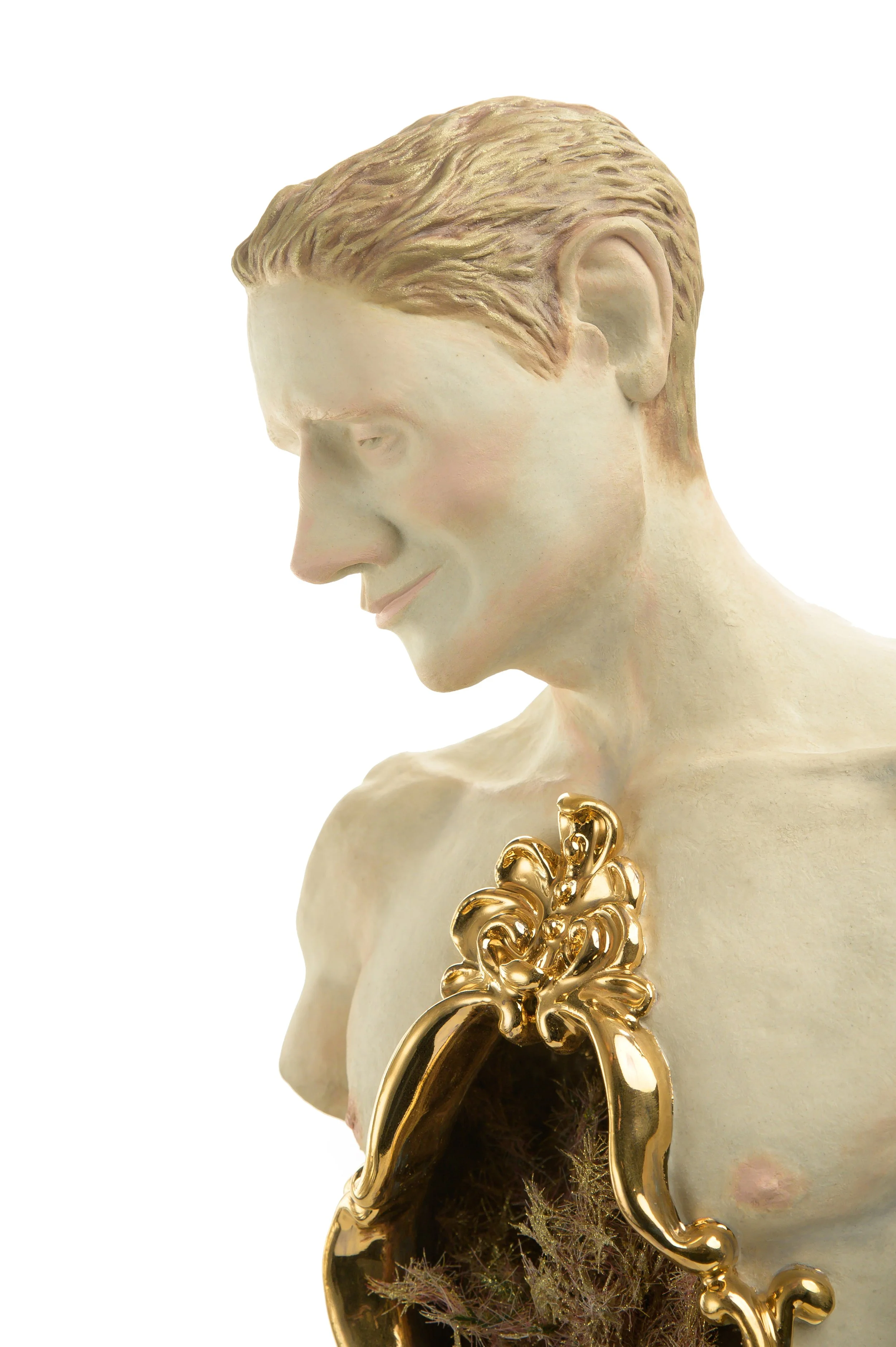 Blossoms: A sculpture of a male torso with a hollowed-out section in the chest filled with flowers, framed by ornate gold detailing by Erick Martinez Gregory, Human Ceramics Foundation