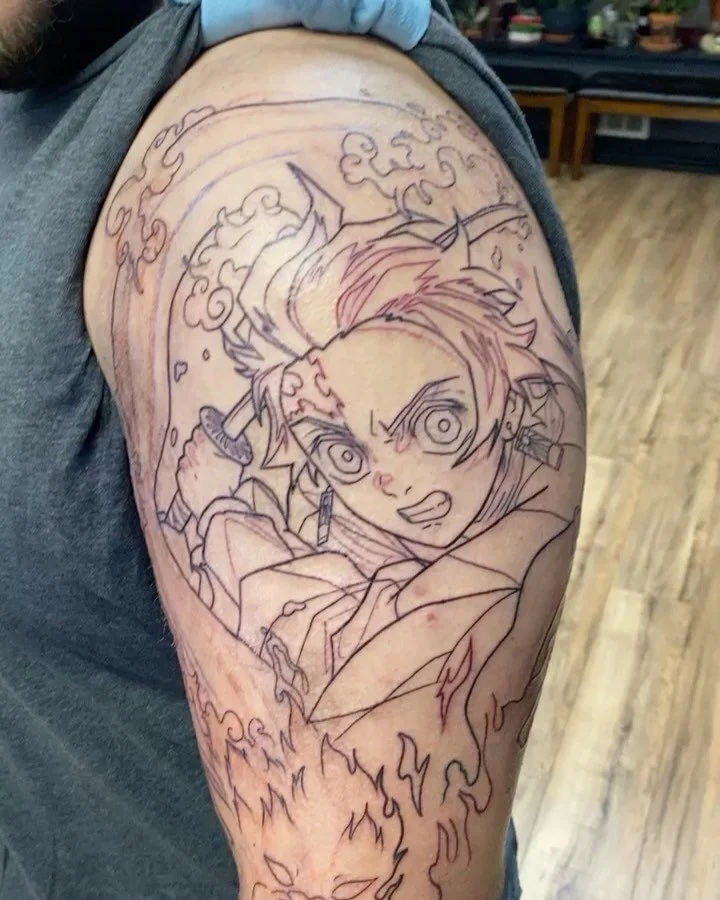 Great start to this Demon slayer sleeve on my cousin Elijah! Thank you so much Cuz!! SWIPE to see the stencil! 

#tattoo #tattoodesign #art #artist #milwaukee #milwaukeeart #milwaukeeartist #milwaukeetattooartist #wisconsintattooartist #ladytattooers