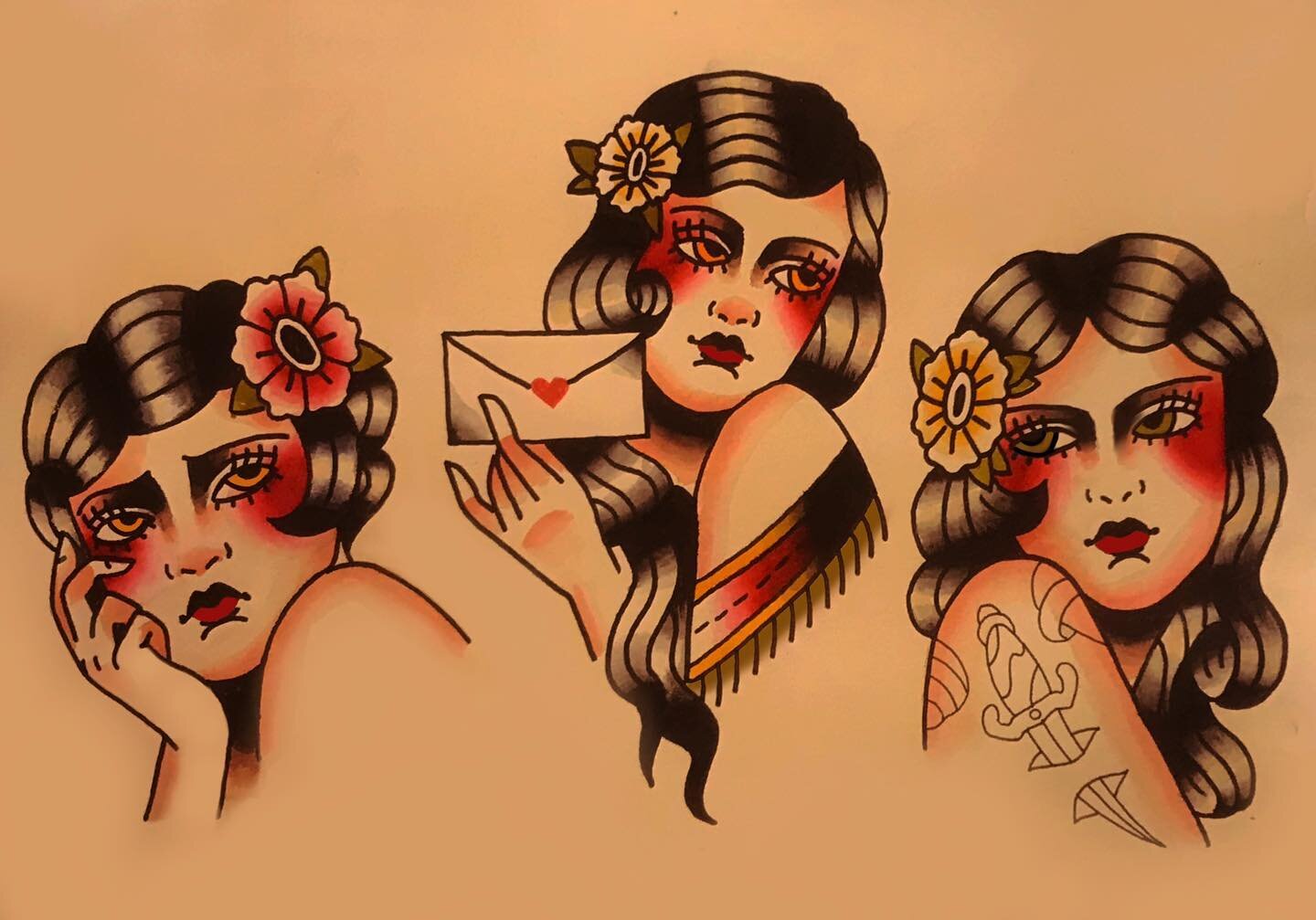 more ladies! you can watch a bit of the process of this painting over on tiktok ❤️ all available to be tattooed. 

#tattooflash #tattooideas #americantraditional #tattoos #tattooapprentice #milwaukeetattoo #milwaukee #drphmartins