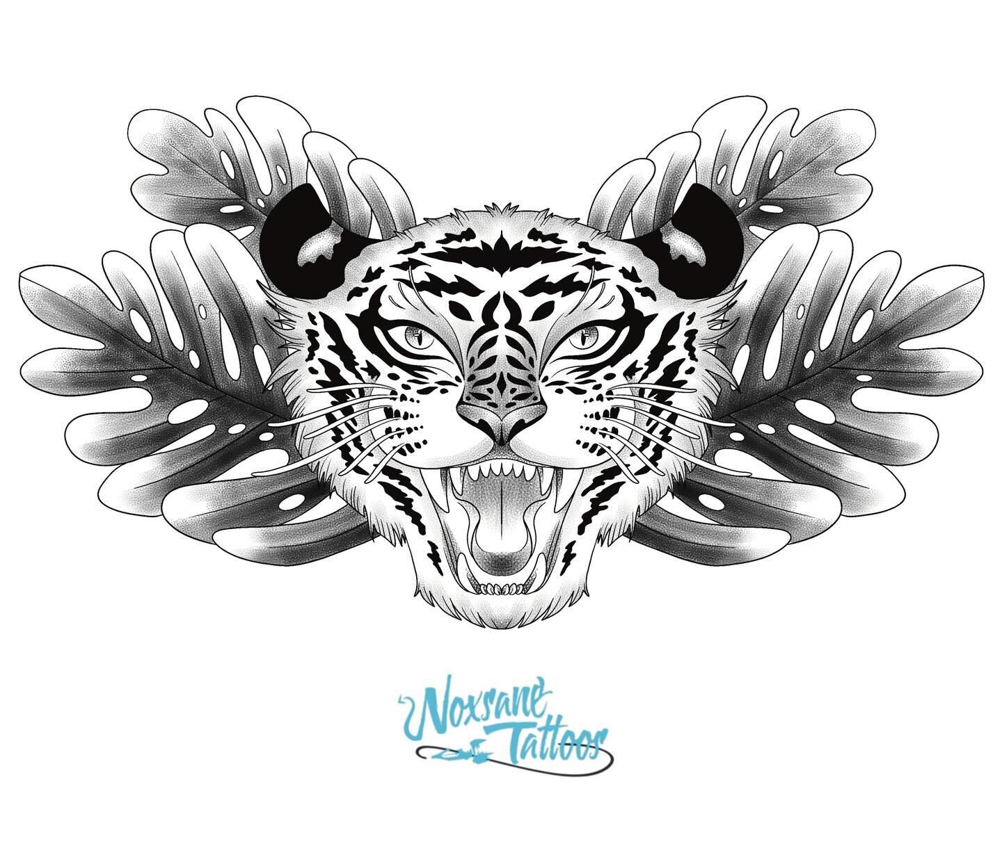 Available black and grey illustrative chest piece tiger with monster leaves! To claim, please email noxsanetattoos@gmail.com!! 🐅 #queer #queerart #queerartist #queertattooer #queertattooartist #qttr #milwaukee #milwaukeetattoo #milwaukeetattoos #mil