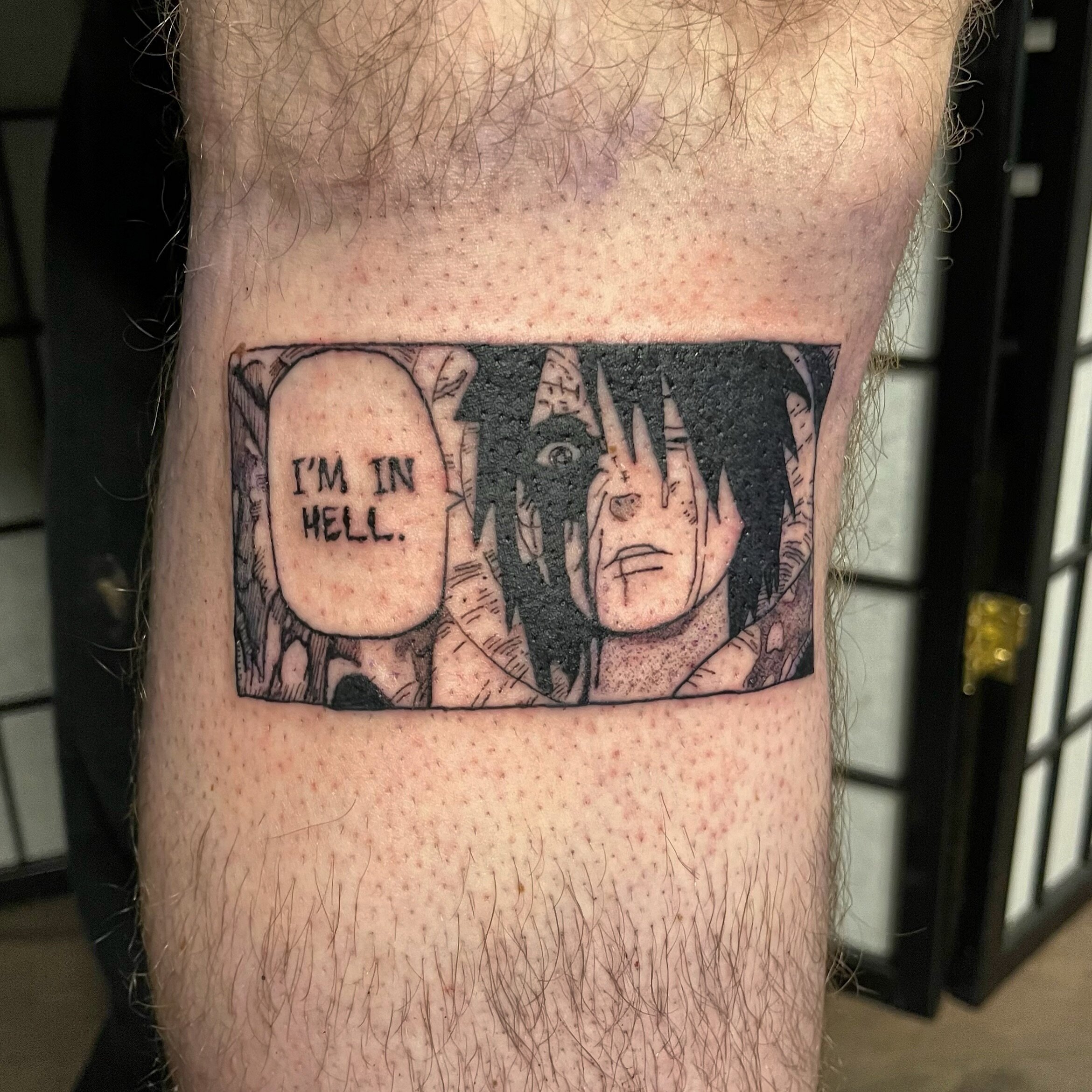 Naruto manga panel for Kaden, thank you for coming through 🙏
&bull;
DM me to book for april!
&bull;
&bull;
&bull;
&bull;
&bull;
&bull;
&bull; 
#milwaukeetattoo #tattoo #naruto #manga #blackwork #anime #art