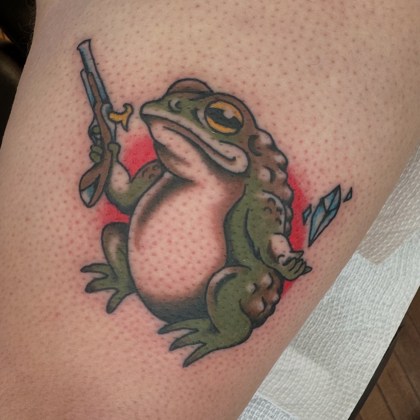 A toad with attitude for Rusty! 
.
.
.
.
#toadtattoo #tattoo #traditionaltattoo #colortattoo #milwaukeetattoo #milwaukee #midwesttattoo #wisconsin