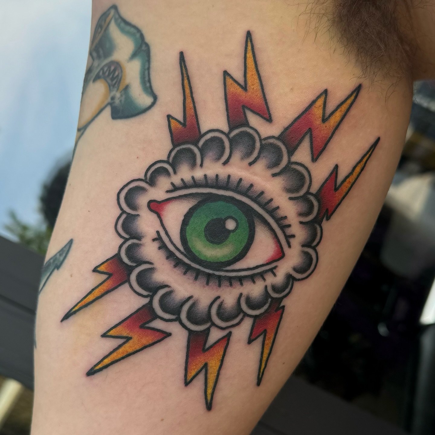 Eye of the storm for Josh! 👁️ ⛈️ thanks for the trust 🙏 Always doing trad bangers over @riverwesttattooco!
Still have a few spots left in November, DM or email to get in. Also taking walk ins everyday, Wednesday - Sunday. 
.
.
.
.
#traditional #tat