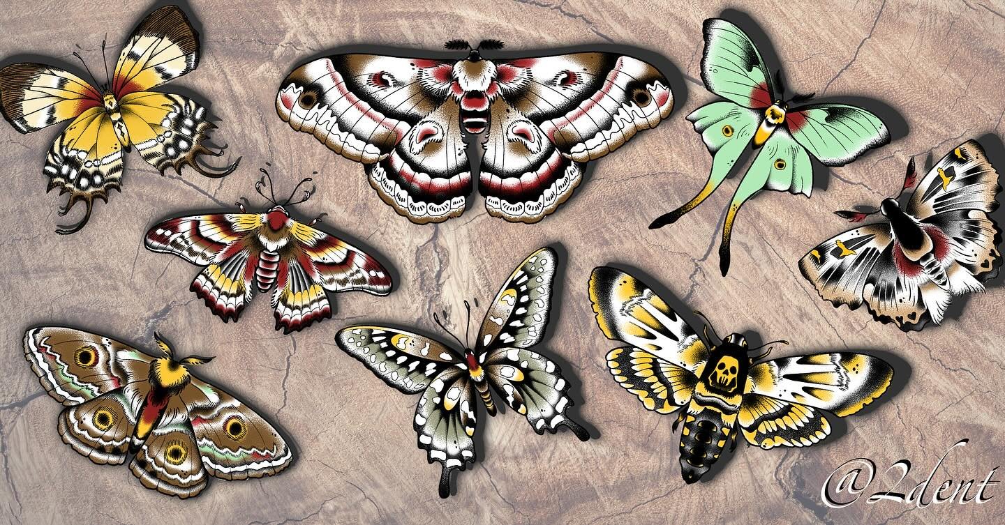 Moth and butterfly flash &hearts;️
Available in both Color and B&amp;G

Dm or Email to inquire! 

Deposits required 🫶