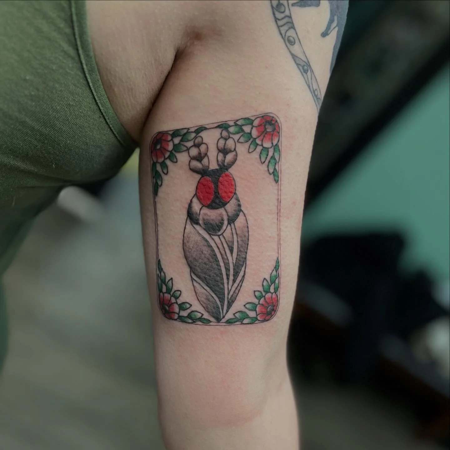 A cute lil mothman moment. @riverwesttattooco #mothman #mothtattoo