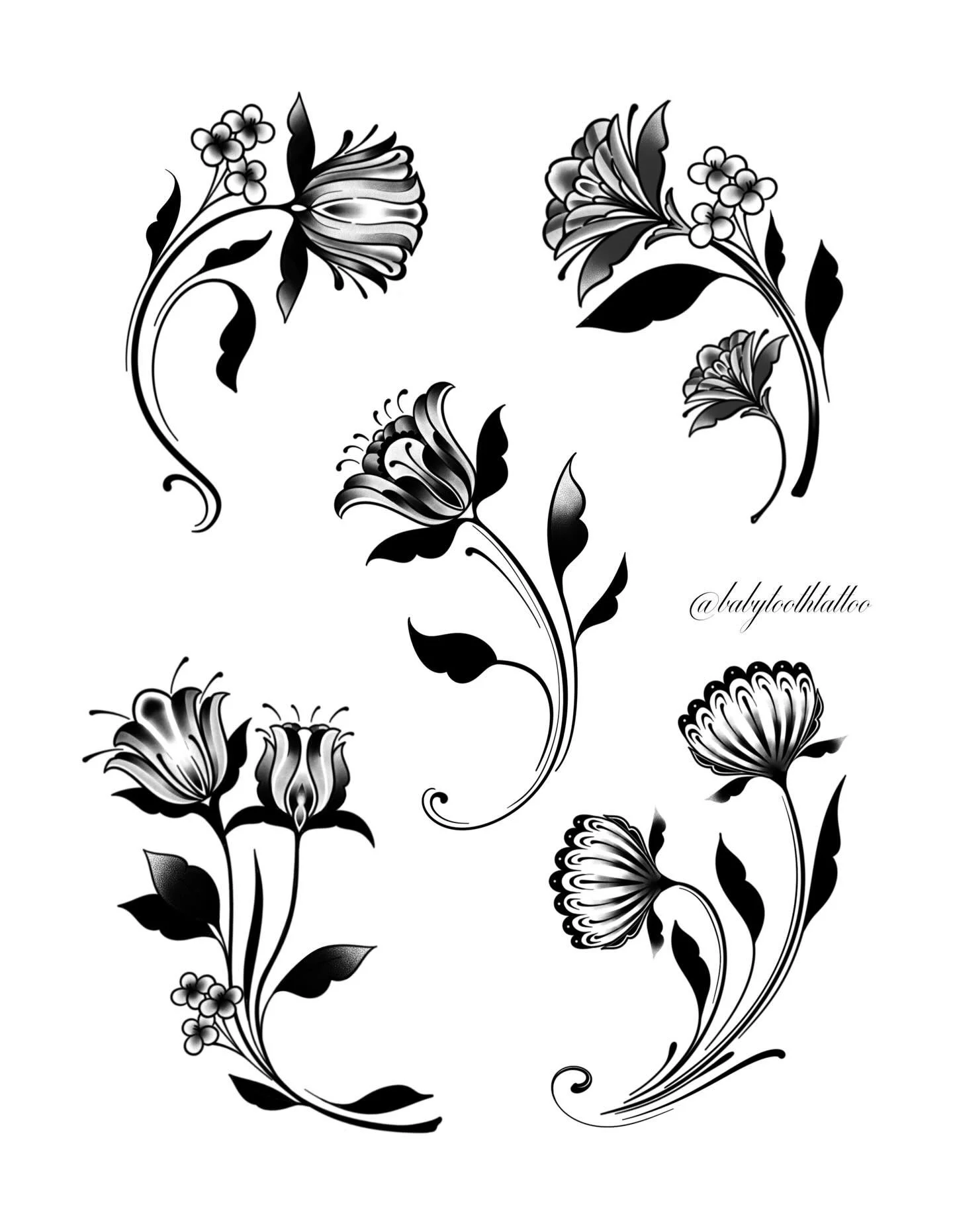 Some curvy funky florals that would be soooo cool around a knee or arm 🖤🖤 message me if interested!! 
&bull;
#tattoo #tattooapprentice #mketattoo