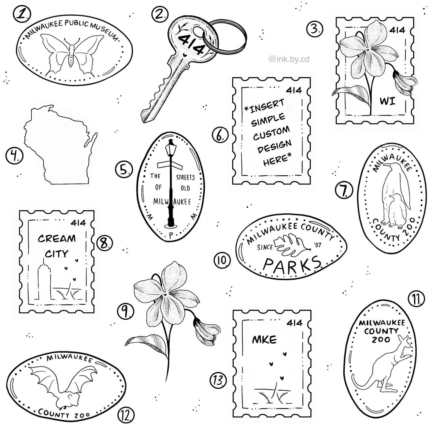 I get a lot of people who still ask me about my pressed penny and stamp designs. Here are most of them along with some extras. Direct message me for pricing!
-
I am available for flash and custom designs, DM me to book.