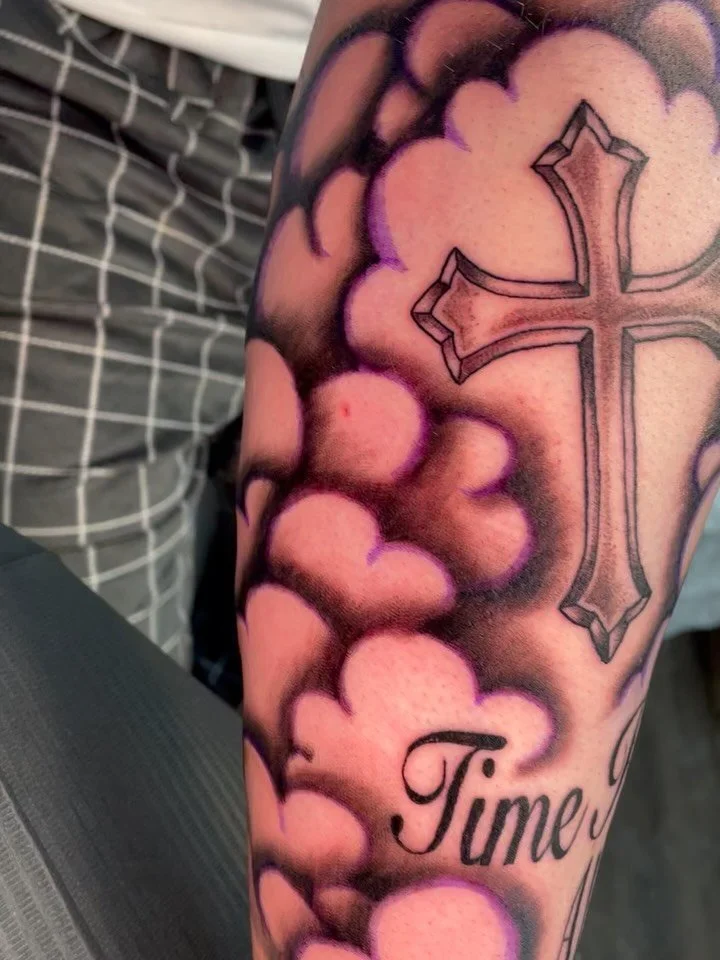 &ldquo;Time heals all wounds&rdquo; sick stippled cross and more freehanded wrap around clouds into a full half sleeve for Zach all in one sitting. Yo I was so gassed by the time we finished I didn&rsquo;t consider to get the full video of the wrap a
