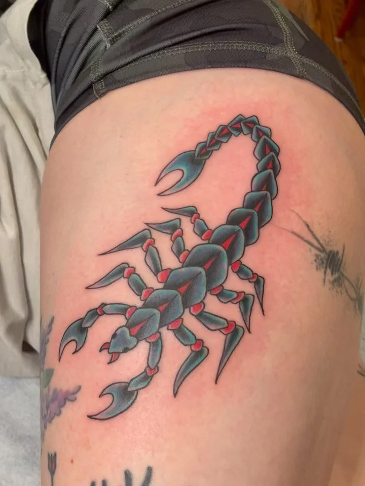 Very fun scorpion thigh tattoo I got to make for my partner over at @lovegunmke 
Loosely based on a Rosie Camanga &ldquo;cobra scorpion&rdquo; which when you look up on google only shows results for G.I Joe Desert Scorpion characters. The scorpion Ro