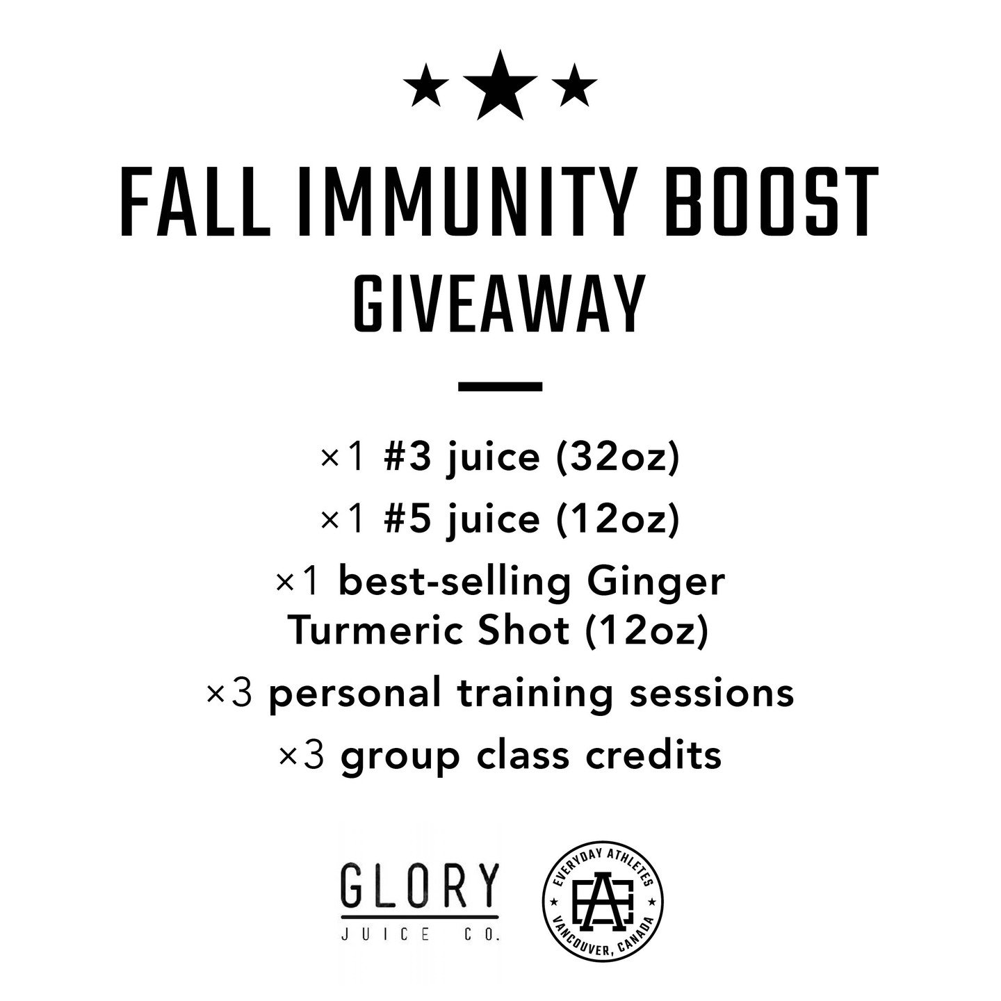 🏋️&zwj;♂️💪 Immunity Boost Giveaway! 🍊🥤

Ready to level up your health? Everyday Athletes Gym and Glory Juice have teamed up to help you feel unstoppable! 💥

Enter now for a chance to win a 3 pack of immunity-boosting personal training sessions a