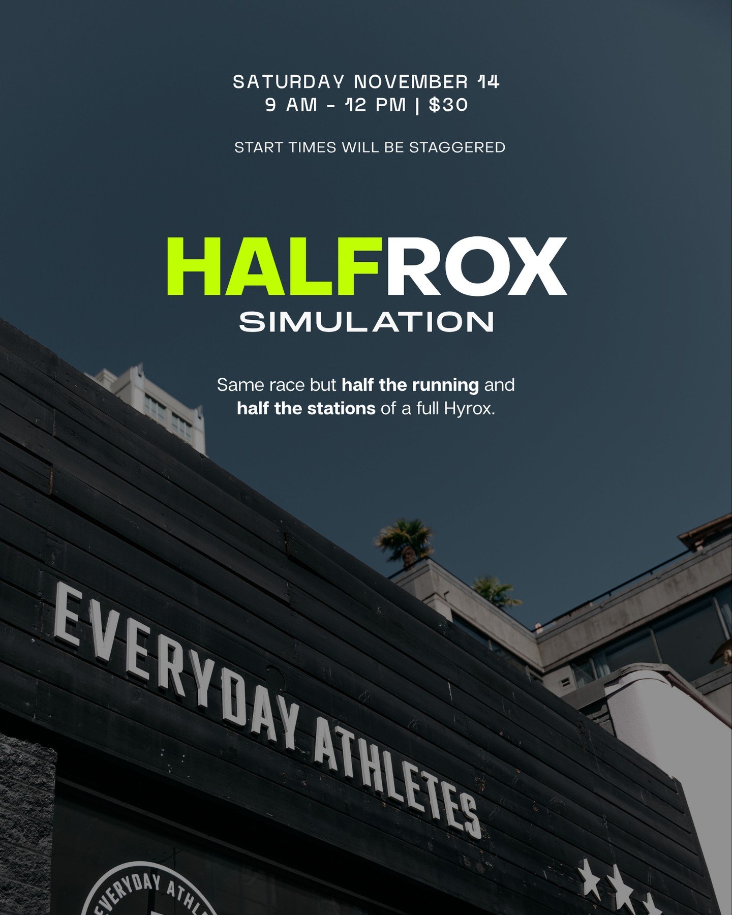 Ready to put your training to the test?⁠
⁠
Our HALFROX Simulation is coming to Everyday Athletes! Experience the challenge of HYROX with half the running and half the stations of a full race.⁠
⁠
Expect running, SkiErg, rowing, wall balls, burpees, sl