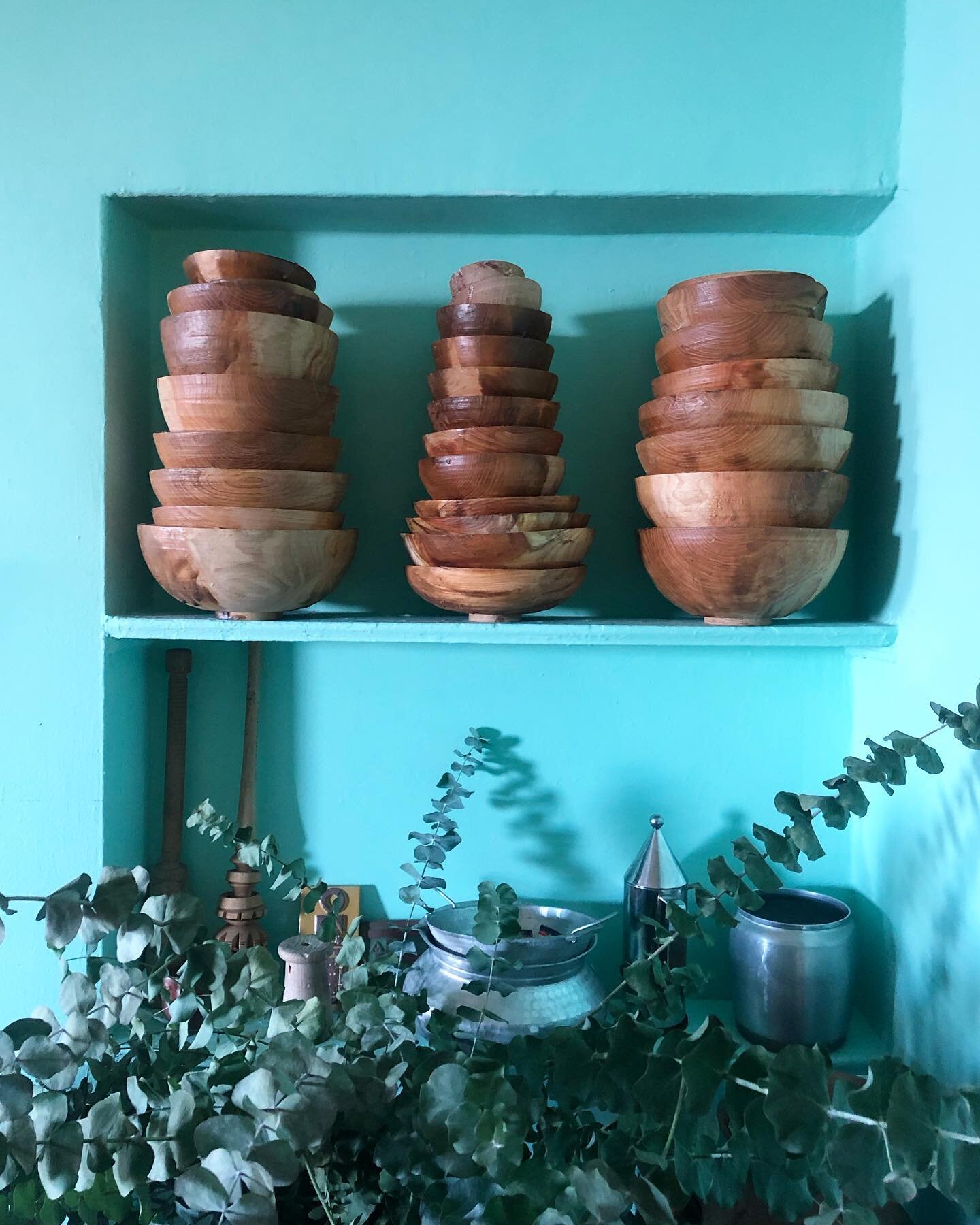 I promise there will be more bowls in the near future &mdash; but for now I am enjoying how well the rough-turned bowl stacks contrast our Lady Liberty Green walls. 🗽 #verdigris #stpatricksday