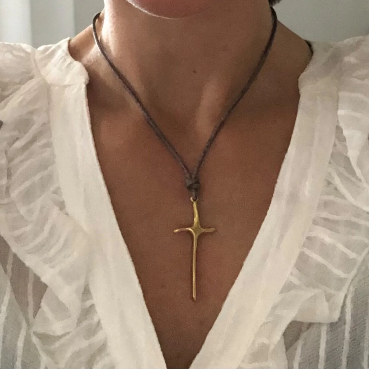 Elongated Gold  Cross leather Necklace