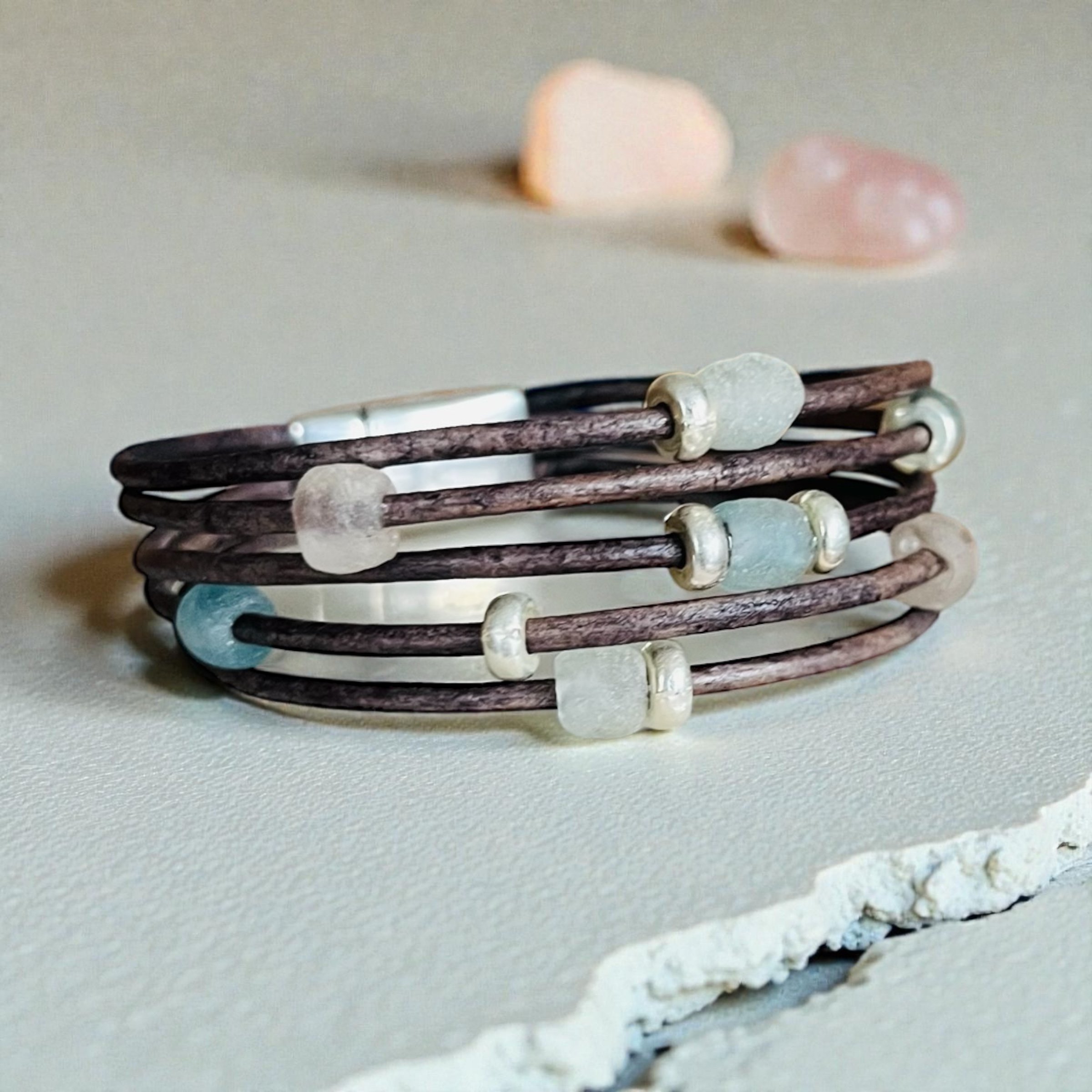 AFRICAN SEA GLASS SILVER  LEATHER CONSTELLATION BRACELET