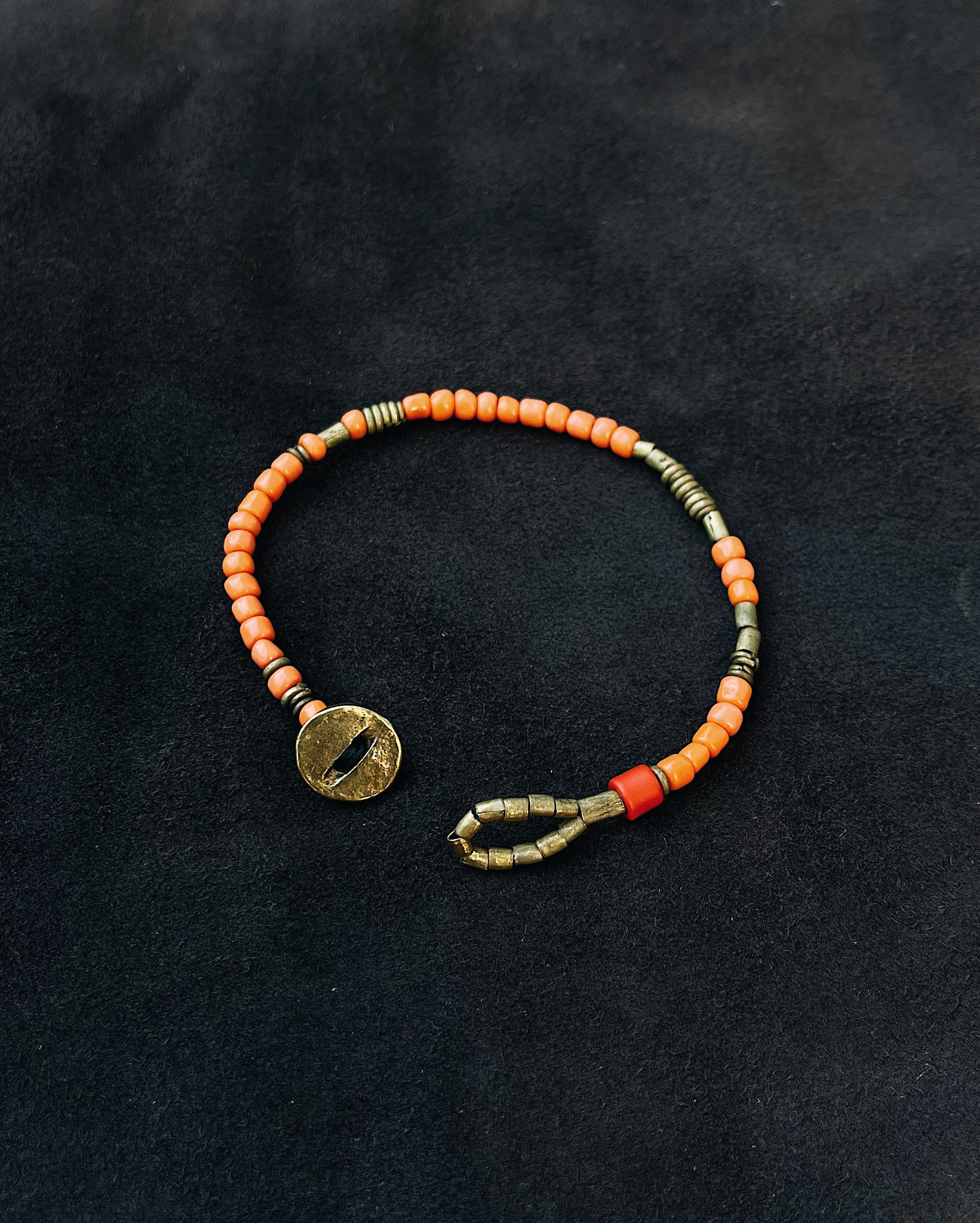 African orange glass trade beads bracelet with brass clasp