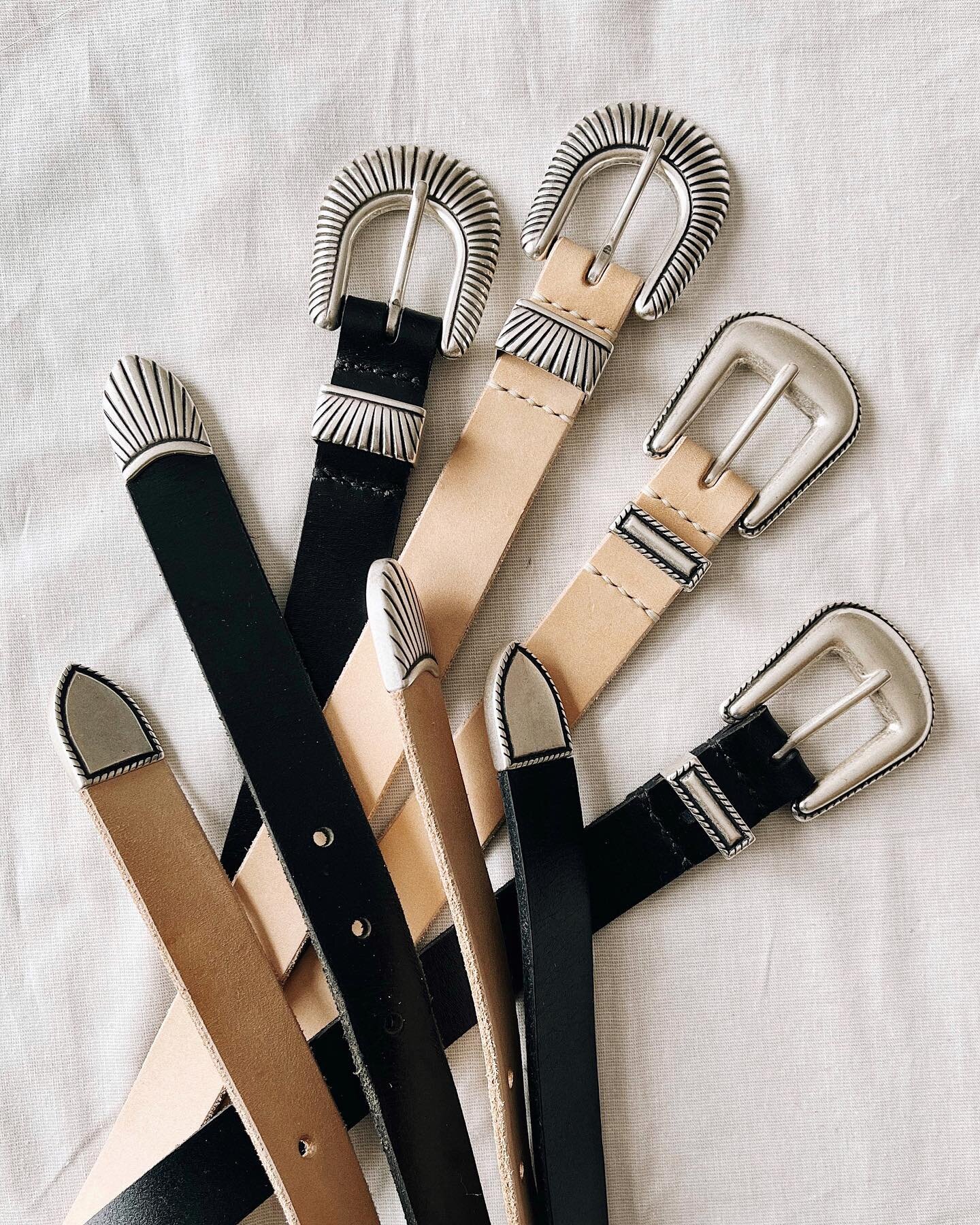Western belts in black and unfinished natural leather, that will darken with time and regular use. Hardware is solid brass in &lsquo;English Silver&rsquo; finish, made in Italy. Available soon in limited quantities.