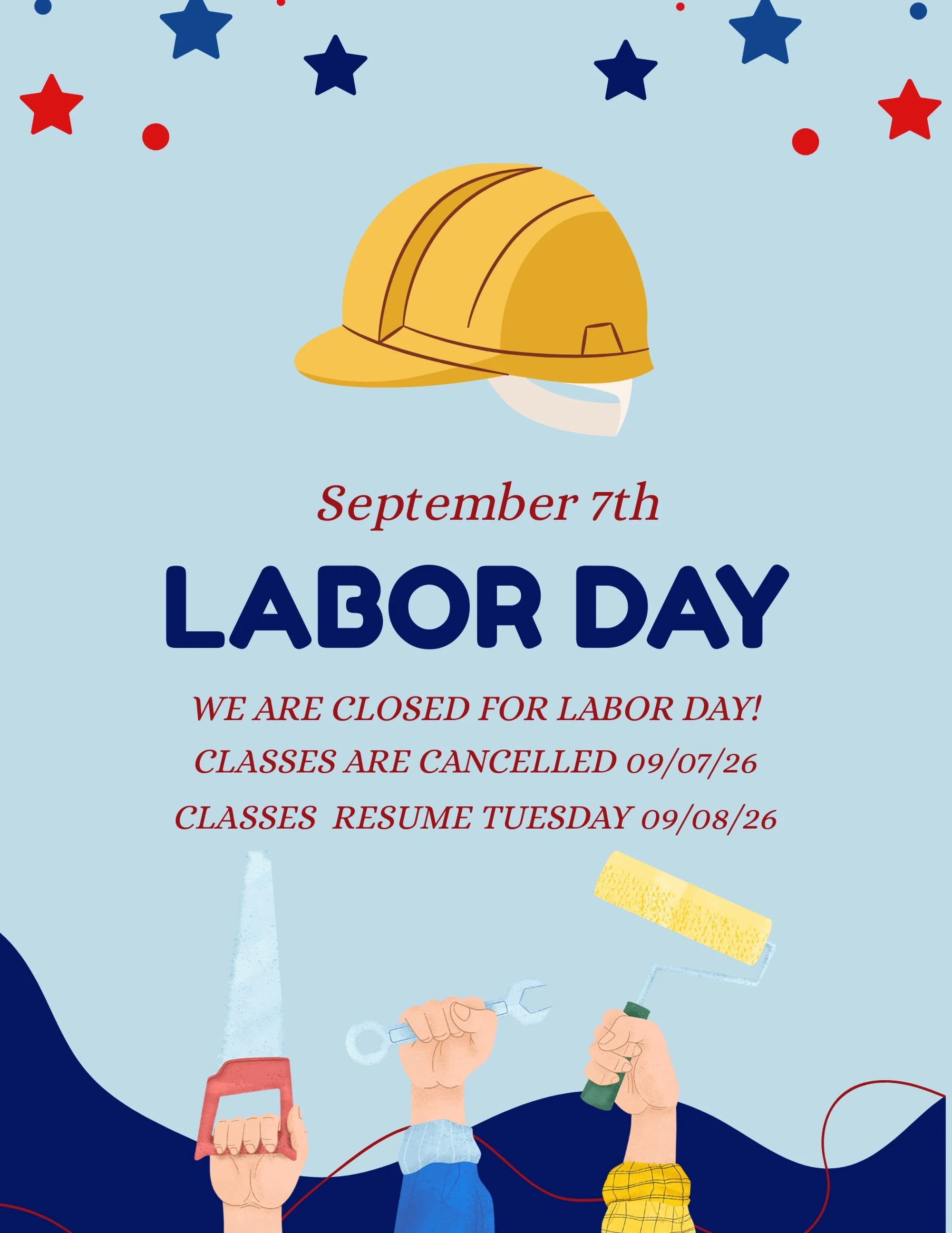 🇺🇸 Happy Labor Day! 🇺🇸

We&rsquo;re taking the day to celebrate and appreciate the hardworking individuals who keep our community moving! ❤️💙

📢 We are CLOSED today, September 7th.
🚫 Classes are cancelled for today.
📅 Classes resume Tuesday, 