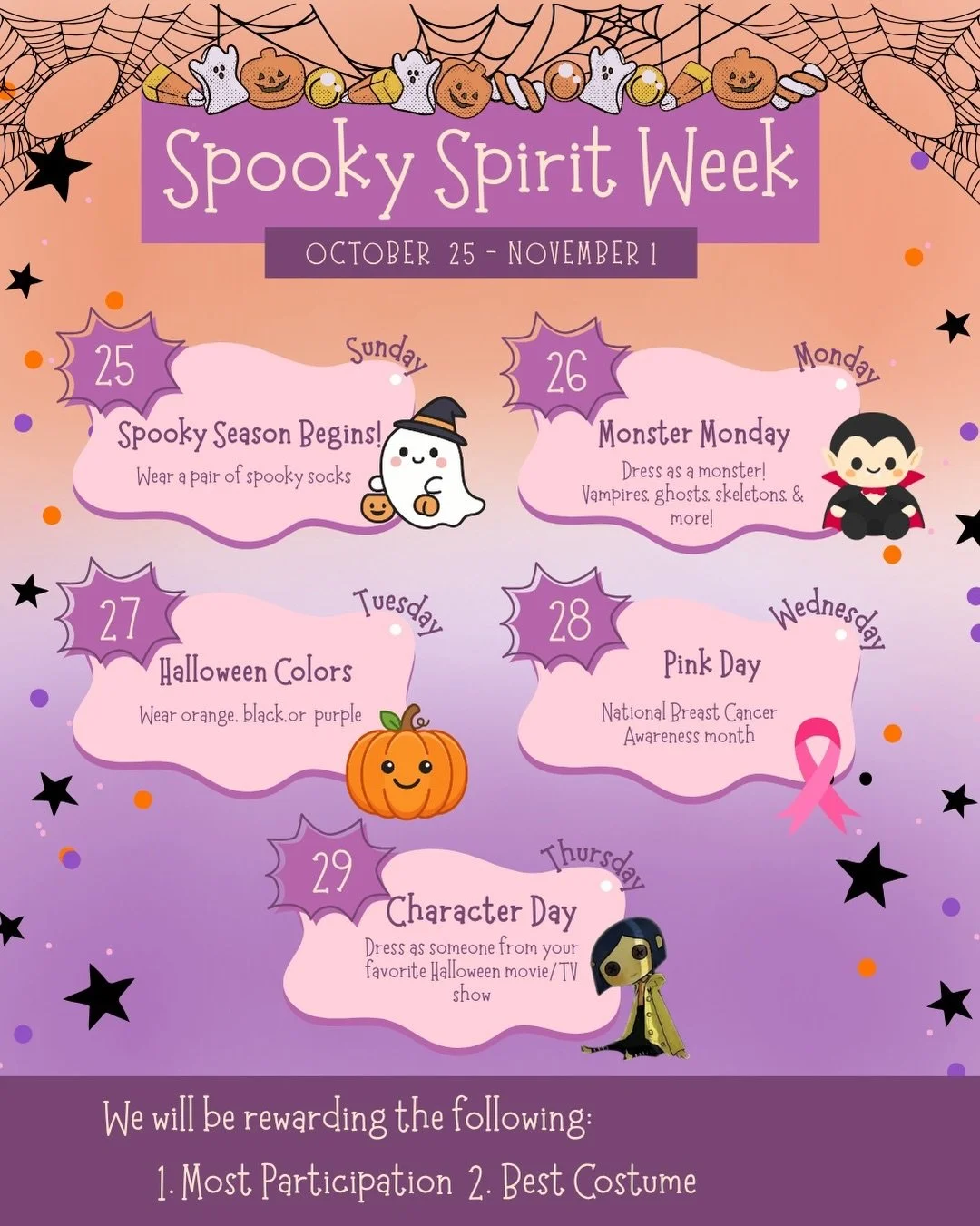 🎃👻 DANCERS, MARK YOUR CALENDARS! 👻🎃

It&rsquo;s officially October 1st, which means Spooky Season is here! 🕷️🖤 Get ready because our Spooky Spirit Week is coming up, and we have a whole week of fun planned for our dancers! 💜🎃

📅 MARK YOUR CA