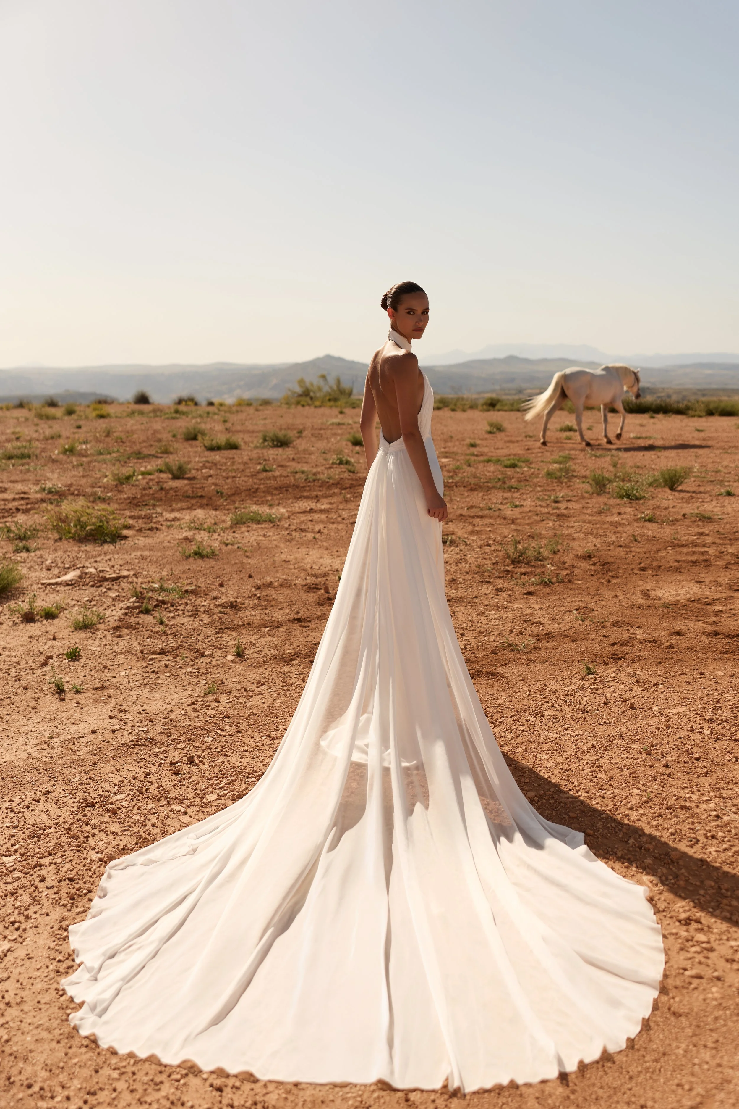 satin wedding dress, halter neck wedding dress, minimalist wedding dress, high neck wedding dress, wedding dress with chiffon train, modern satin wedding gown NYC