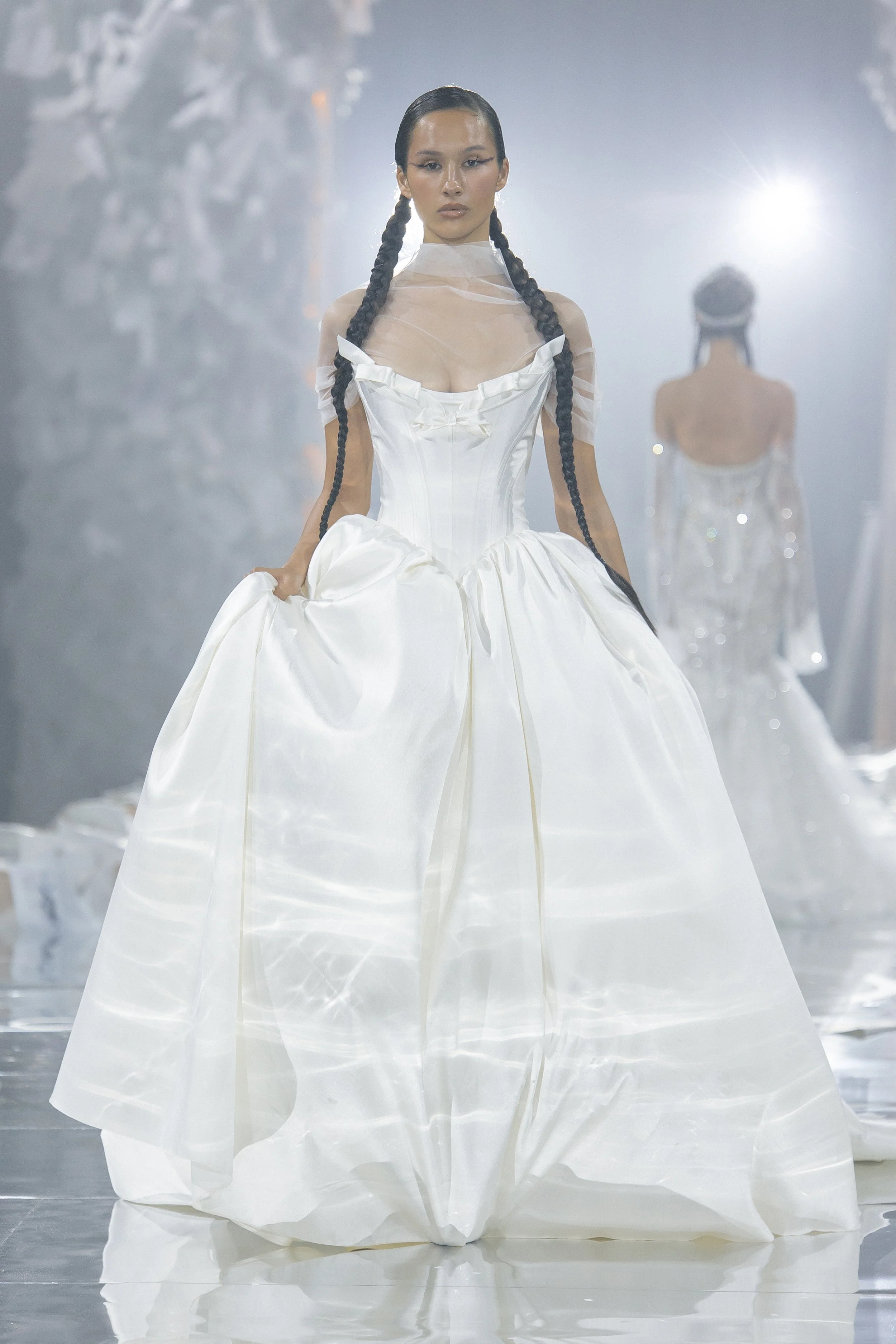 Ioanna wedding dress by Rara Avis — full front view of heavy satin ball gown with scoop neckline, ribbon trim detail, and dramatic long train