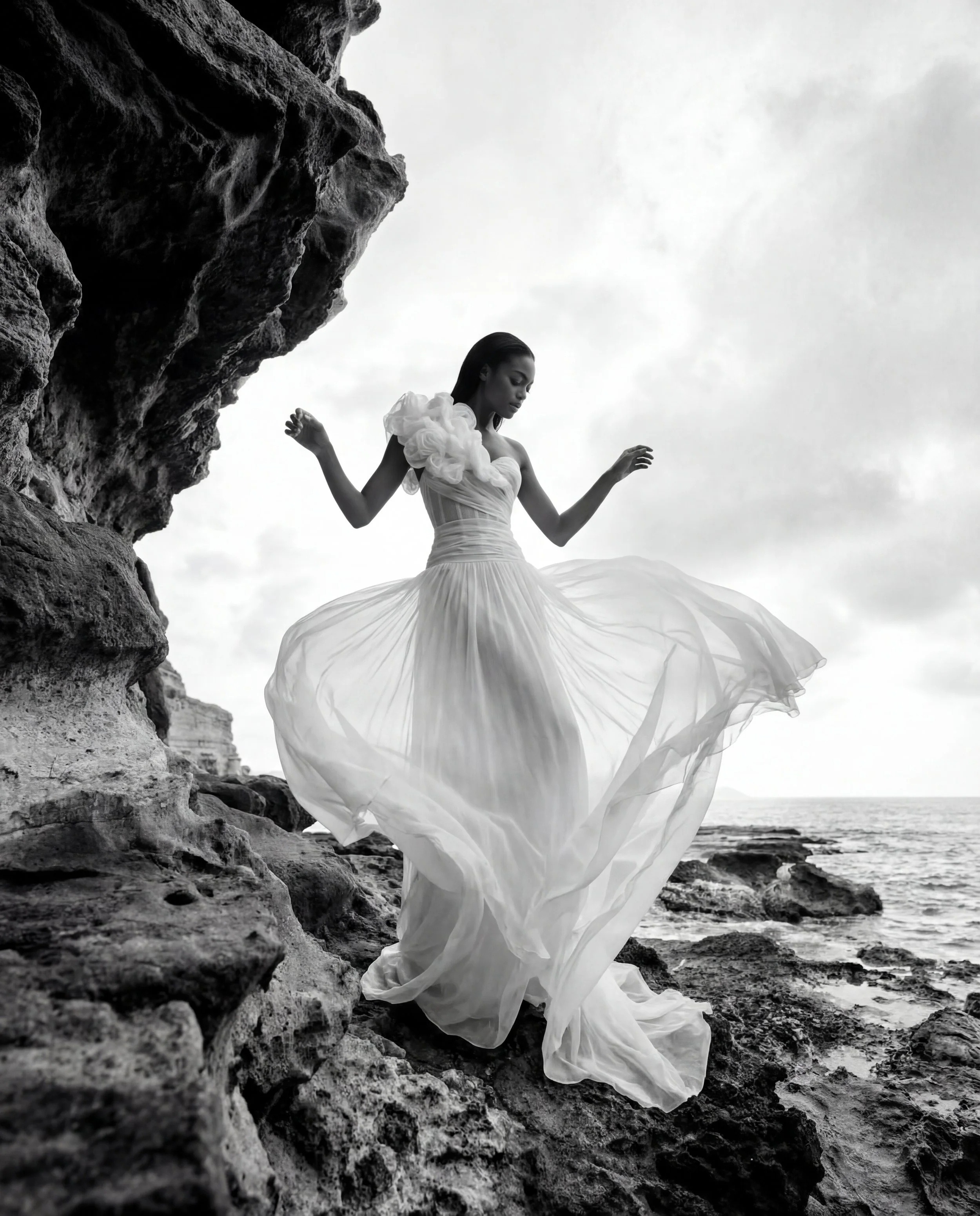 Wedding dress by Lana Marinenko with a dropped waist silhouette in luxurious silk, modern and elegant design