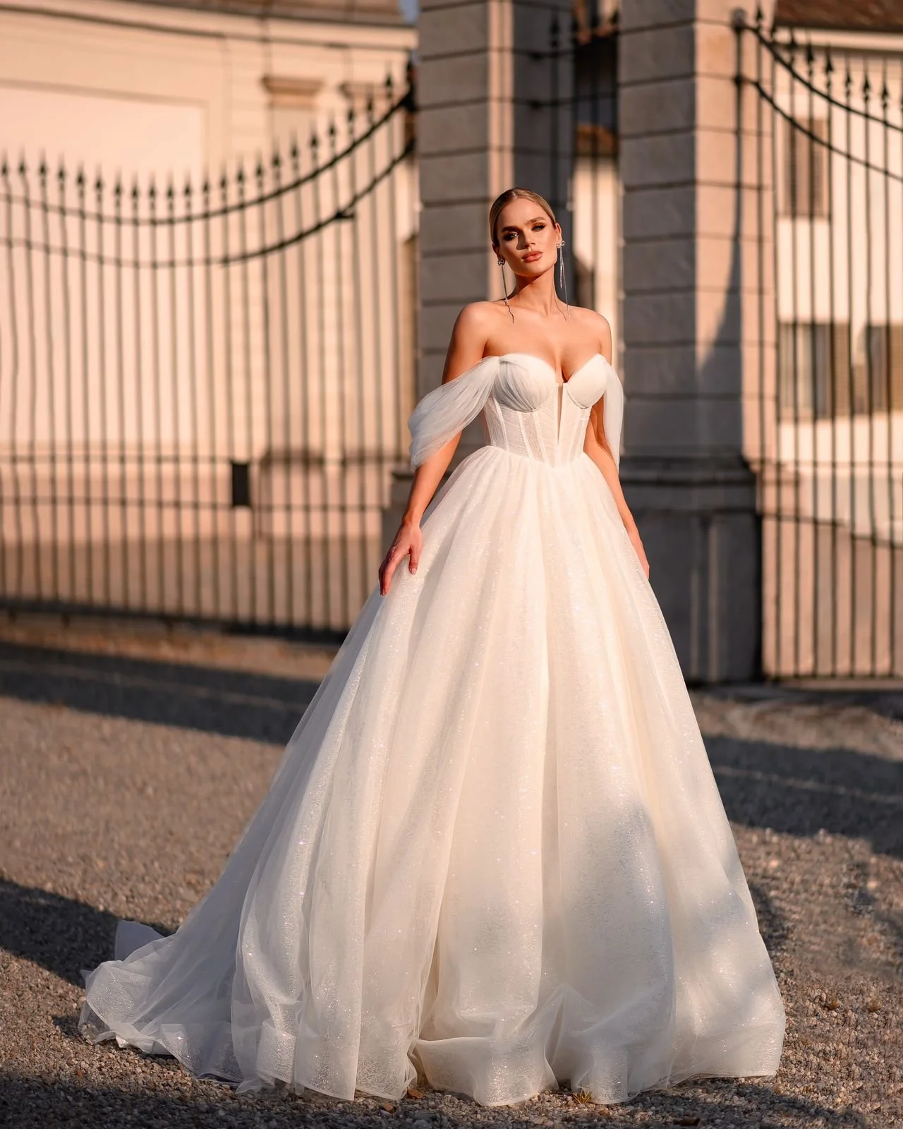 Stunning A-Line Gown with Full Sparkle and Off-Shoulder Design