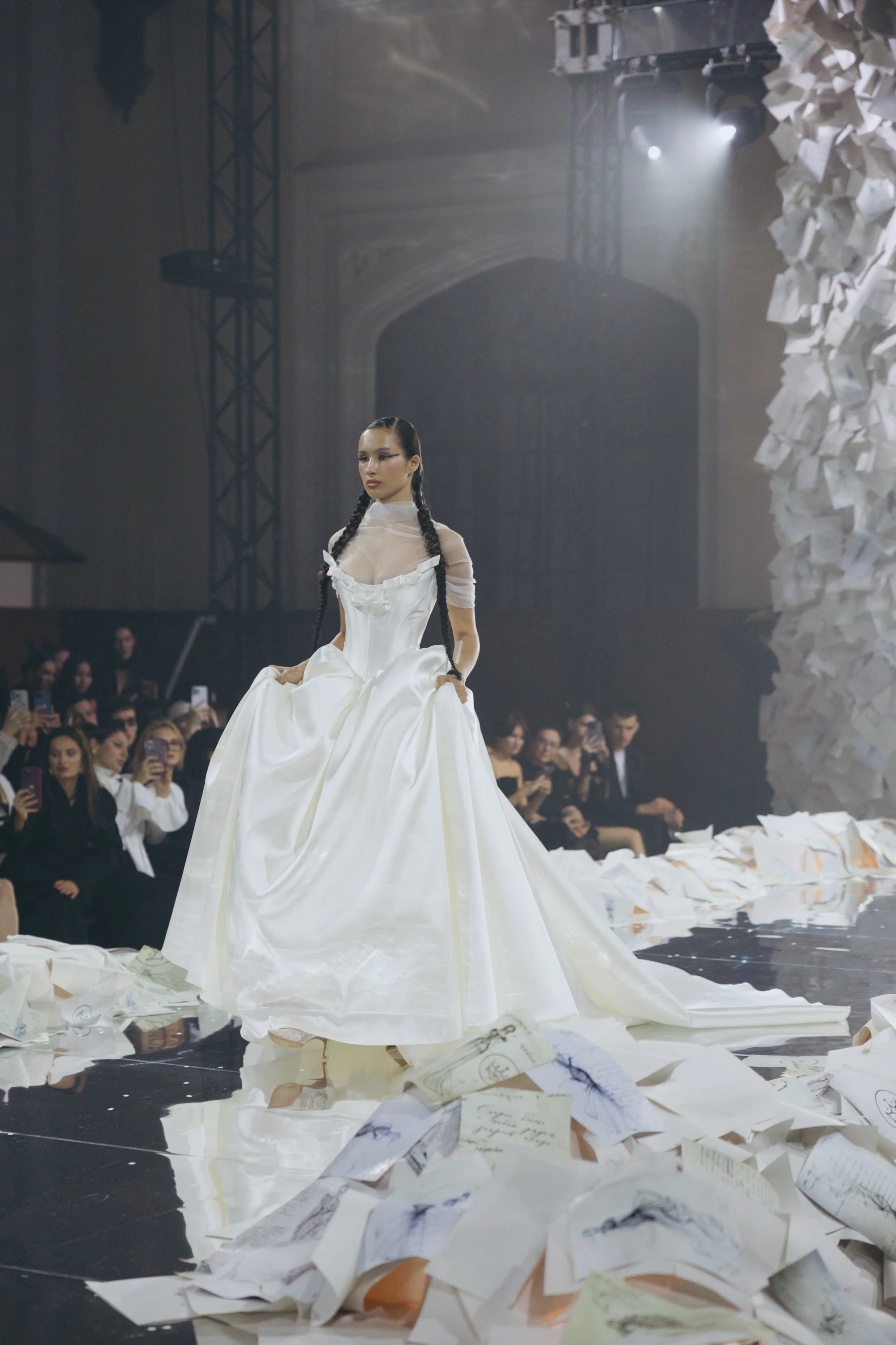 Ioanna wedding dress by Rara Avis — full front view of heavy satin ball gown with scoop neckline, ribbon trim detail, and dramatic long train