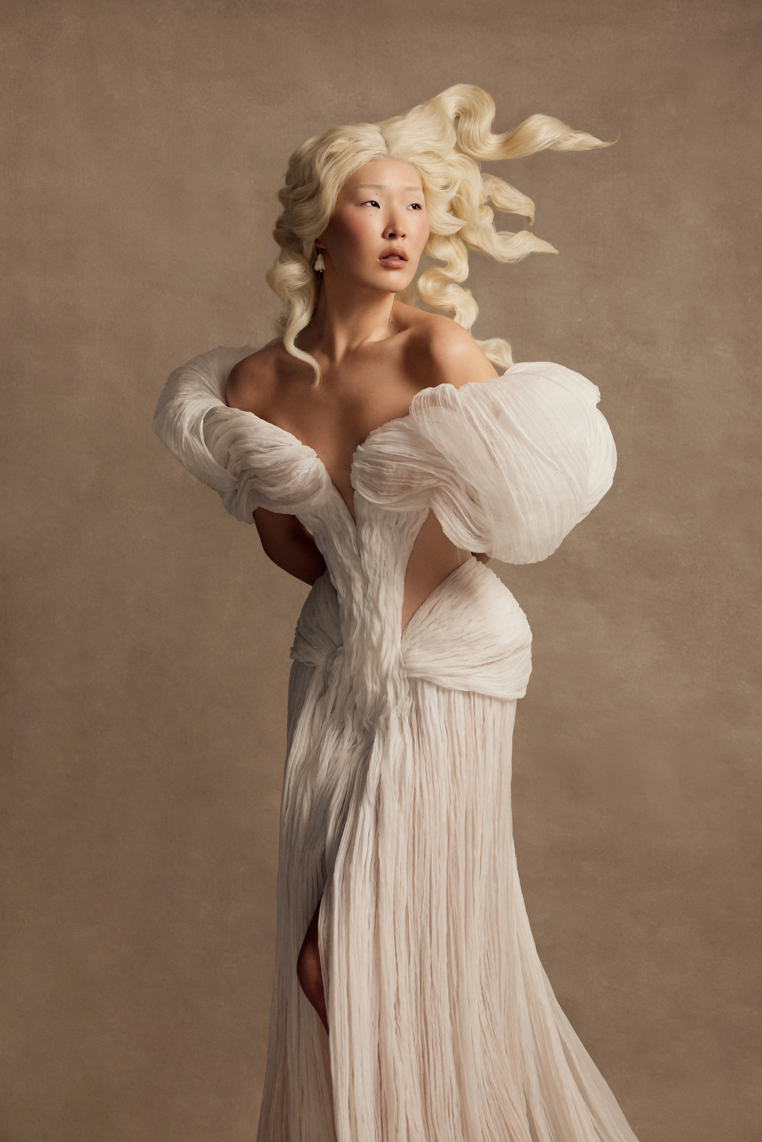 Glee wedding dress by Rara Avis — full front view of handmade silk bridal gown with off-shoulder volume from Anima Mea collection