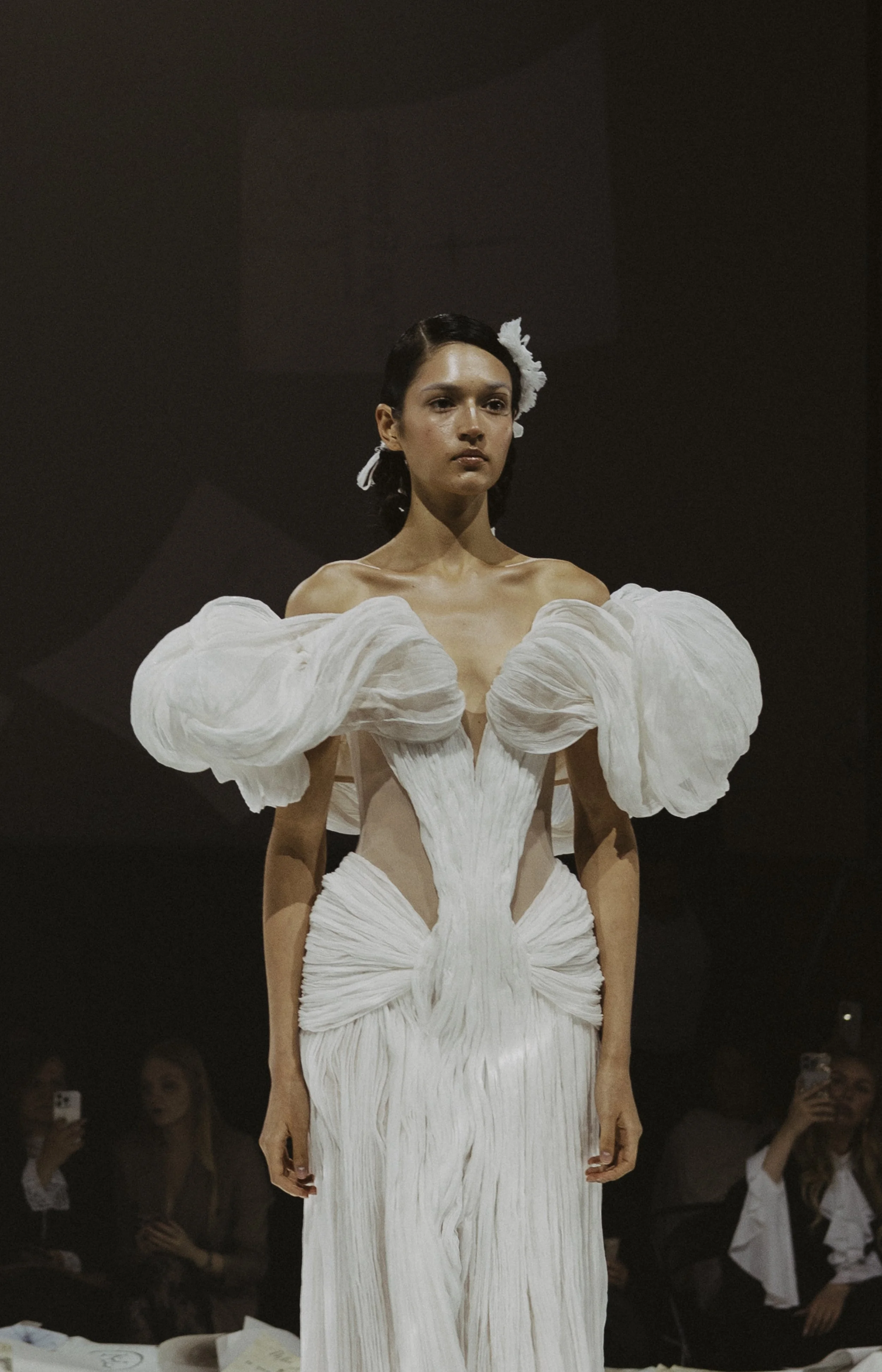 Glee wedding dress by Rara Avis — full front view of handmade silk bridal gown with off-shoulder volume from Anima Mea collection