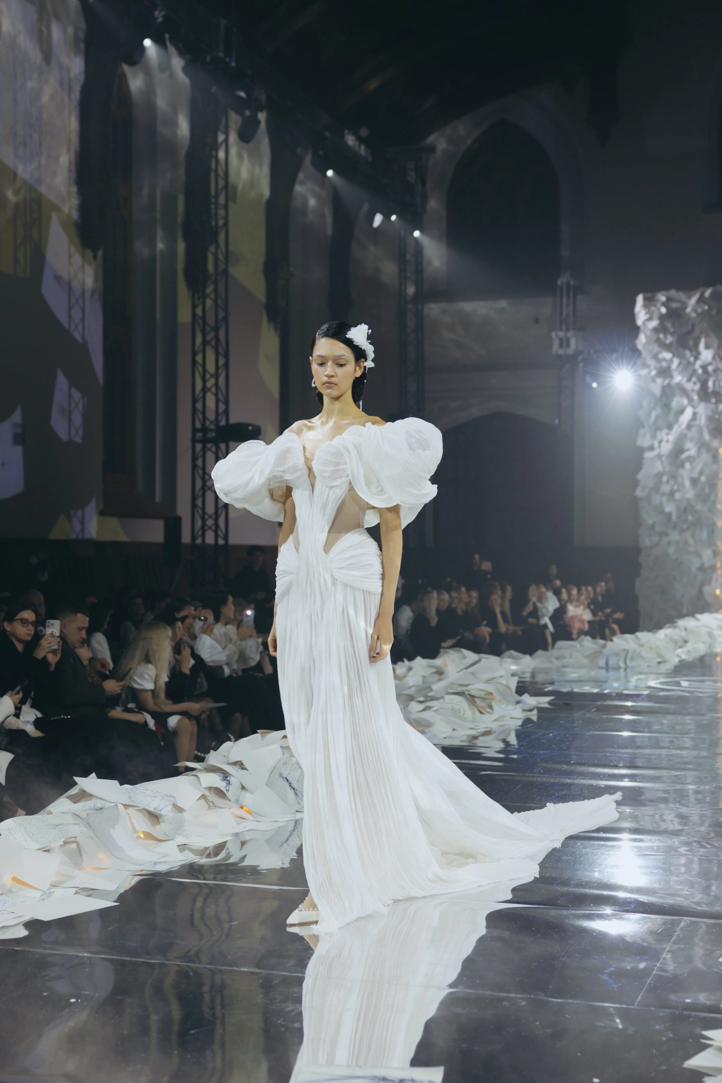 Glee wedding dress by Rara Avis — full front view of handmade silk bridal gown with off-shoulder volume from Anima Mea collection