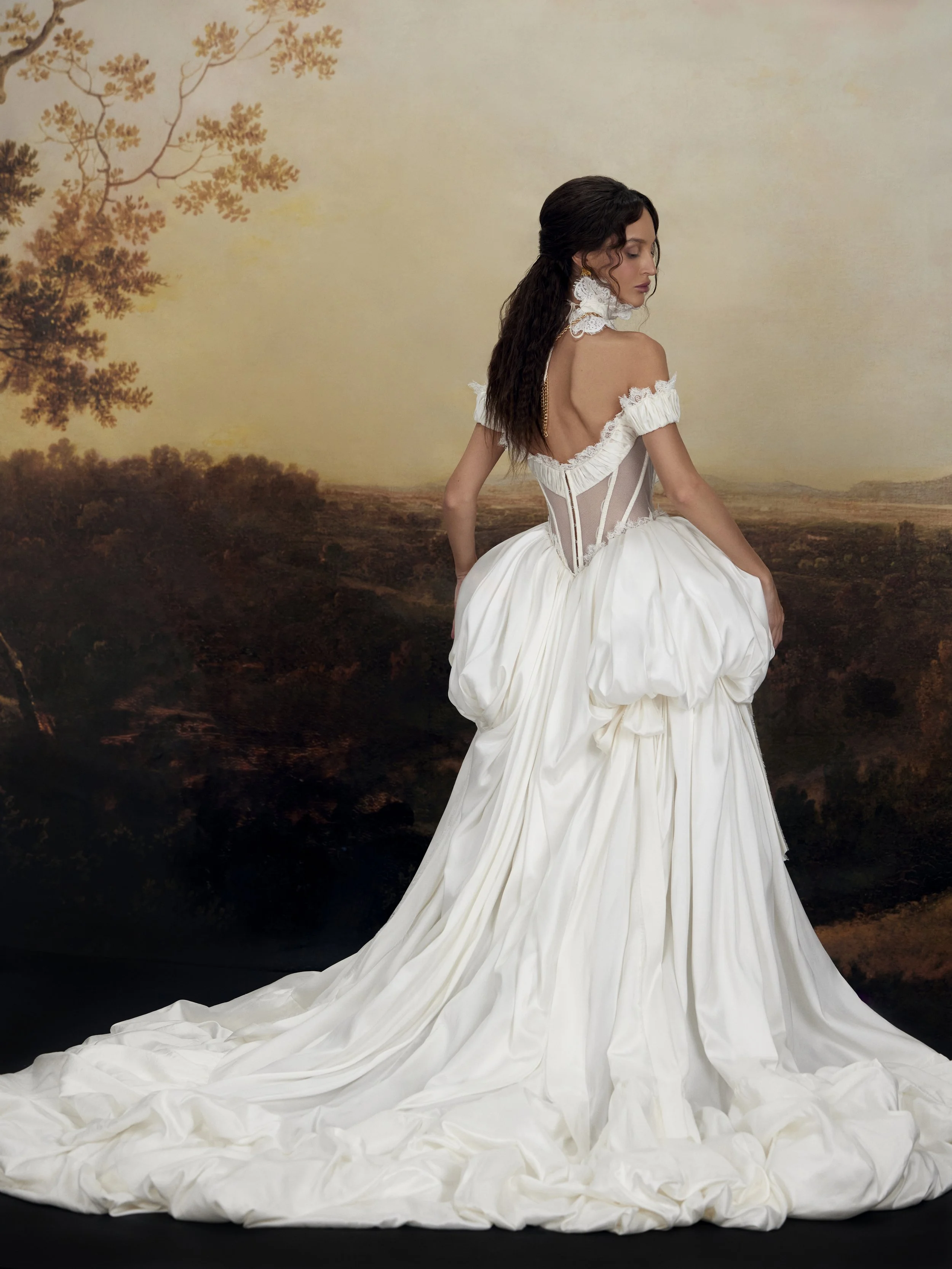 Back view of Albert by Rara Avis — lace-up corset closure on raw silk Marie Antoinette–inspired bridal ball gown