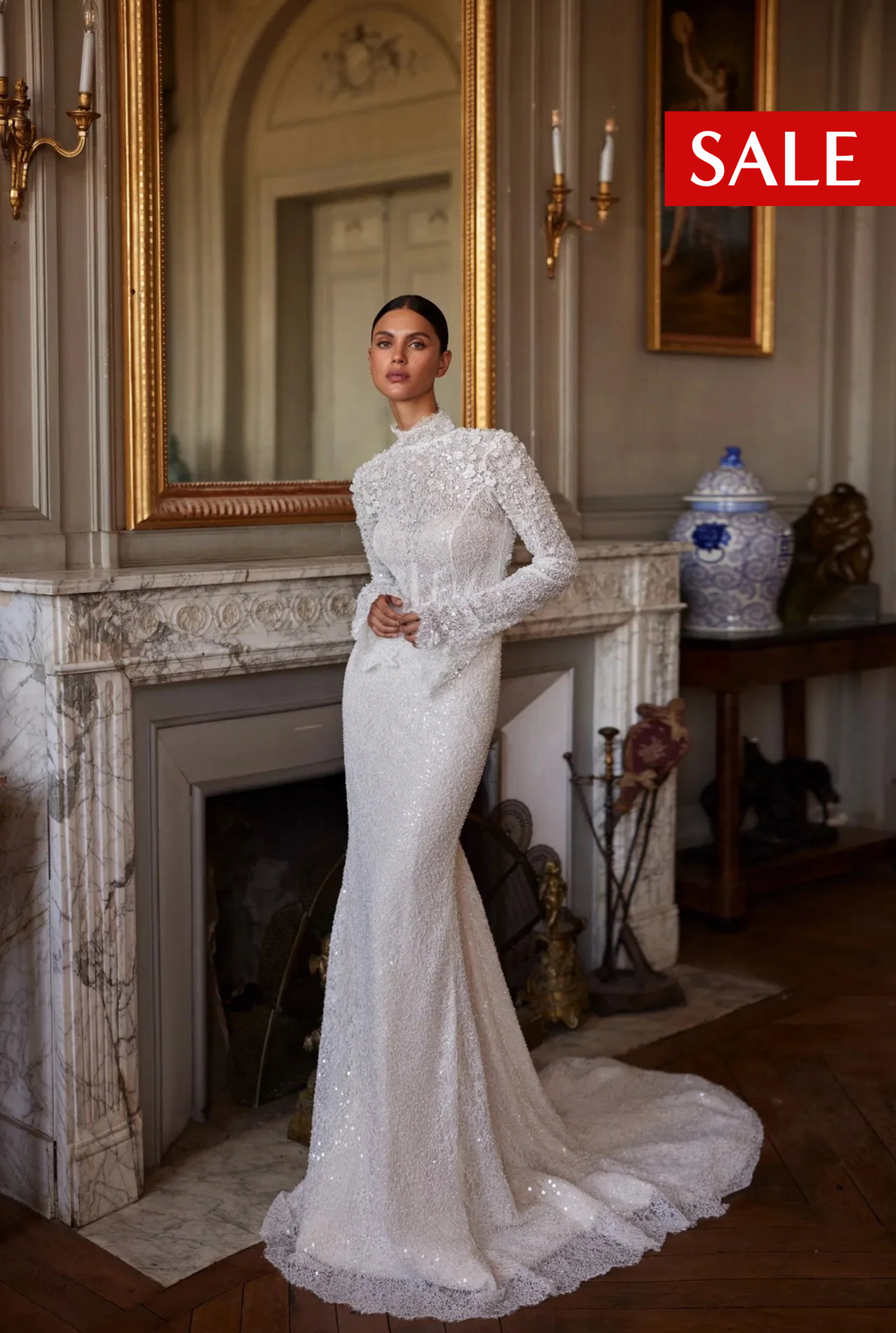 fitted lace wedding dress Scoop-Neck Long-Sleeves Chiffon Bride Gowns Lace Applique Pleated A-Line Wedding Dress with Train Ivory / US2 main image 0