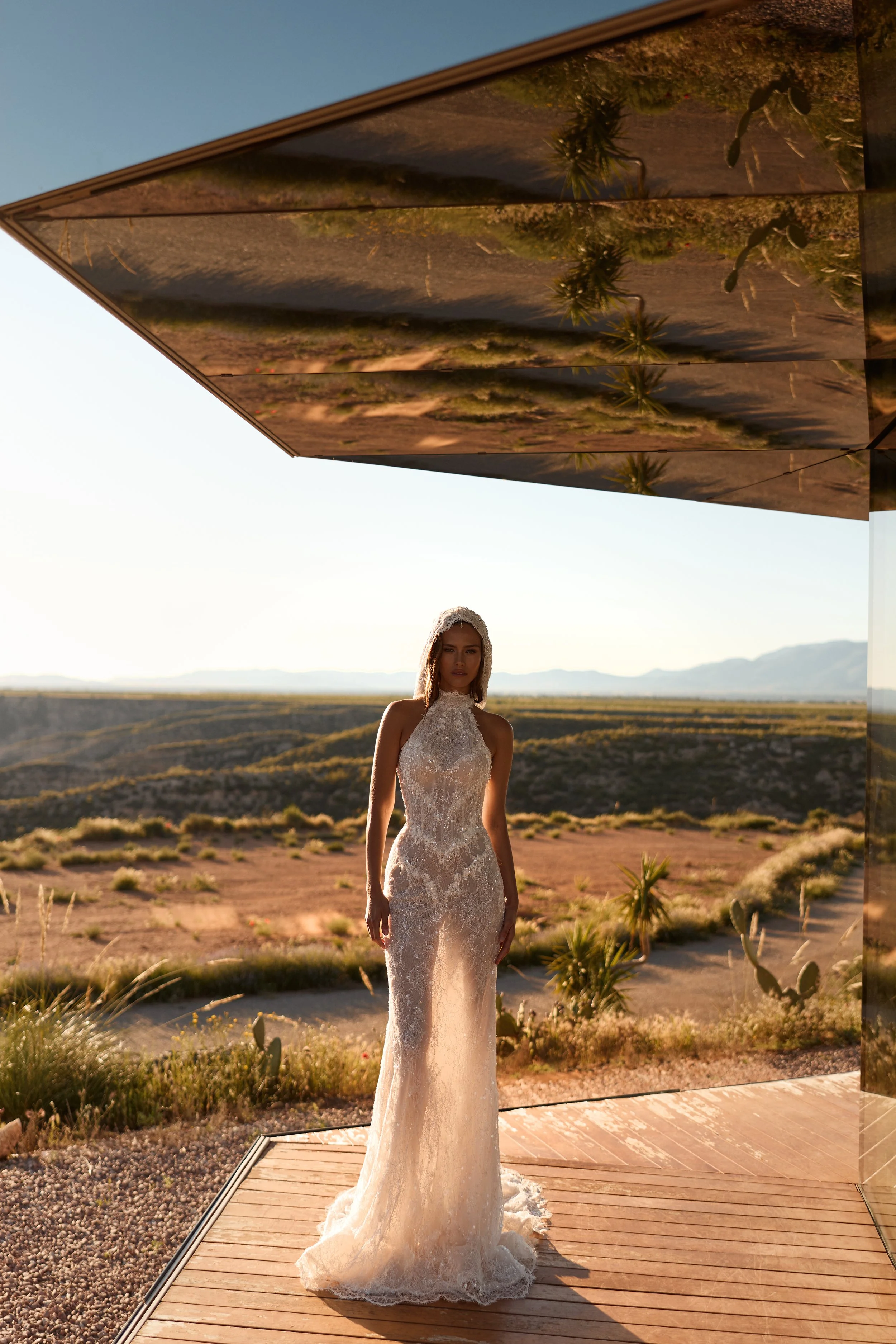 open back wedding dress, beaded lace wedding dress, halter neck wedding dress, sheer lace wedding gown, high neck lace wedding dress, fitted lace wedding dress NYC