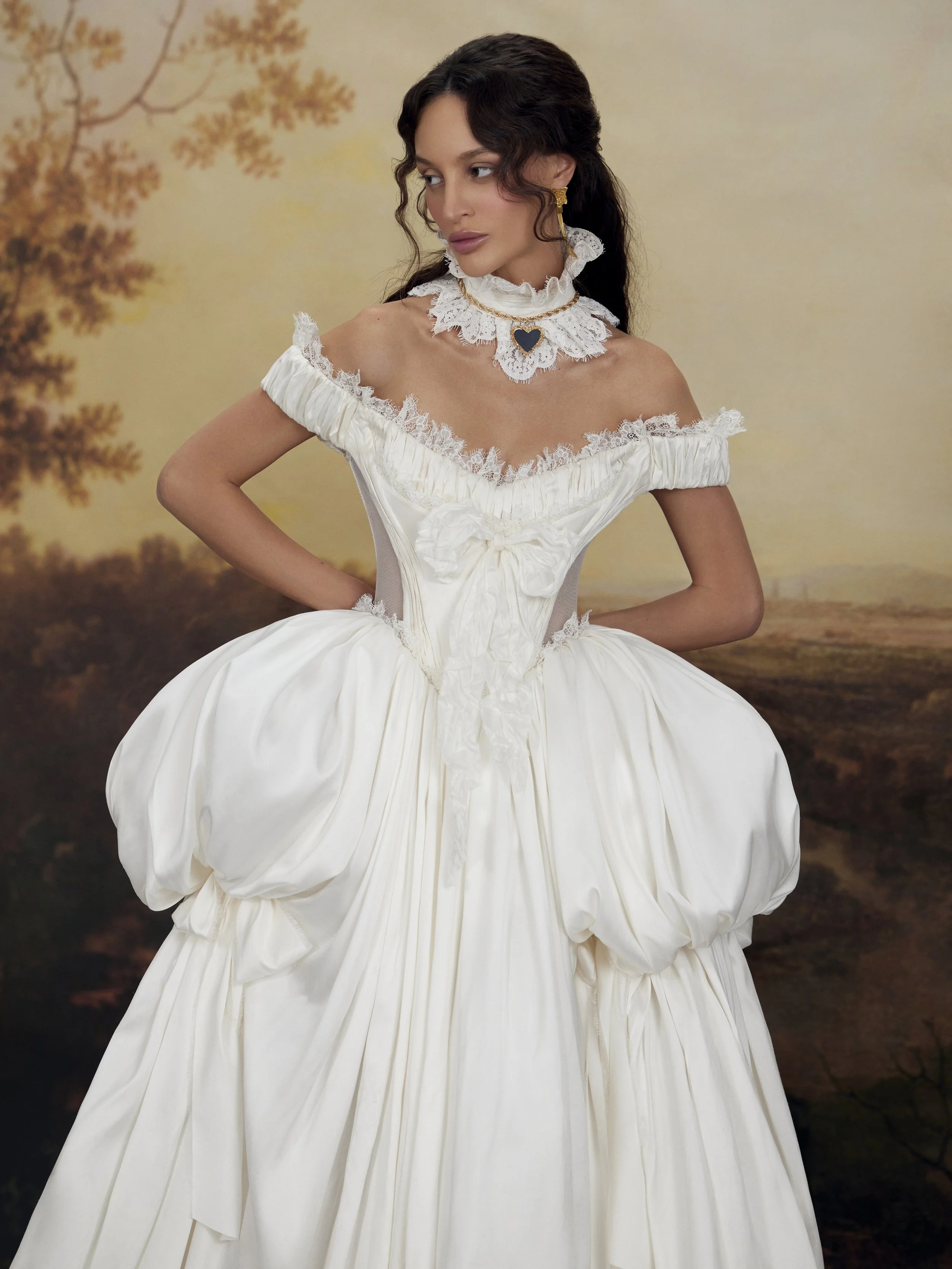 Close-up of Albert corset bodice by Rara Avis — off-shoulder neckline with delicate lace trim and visible boning detail