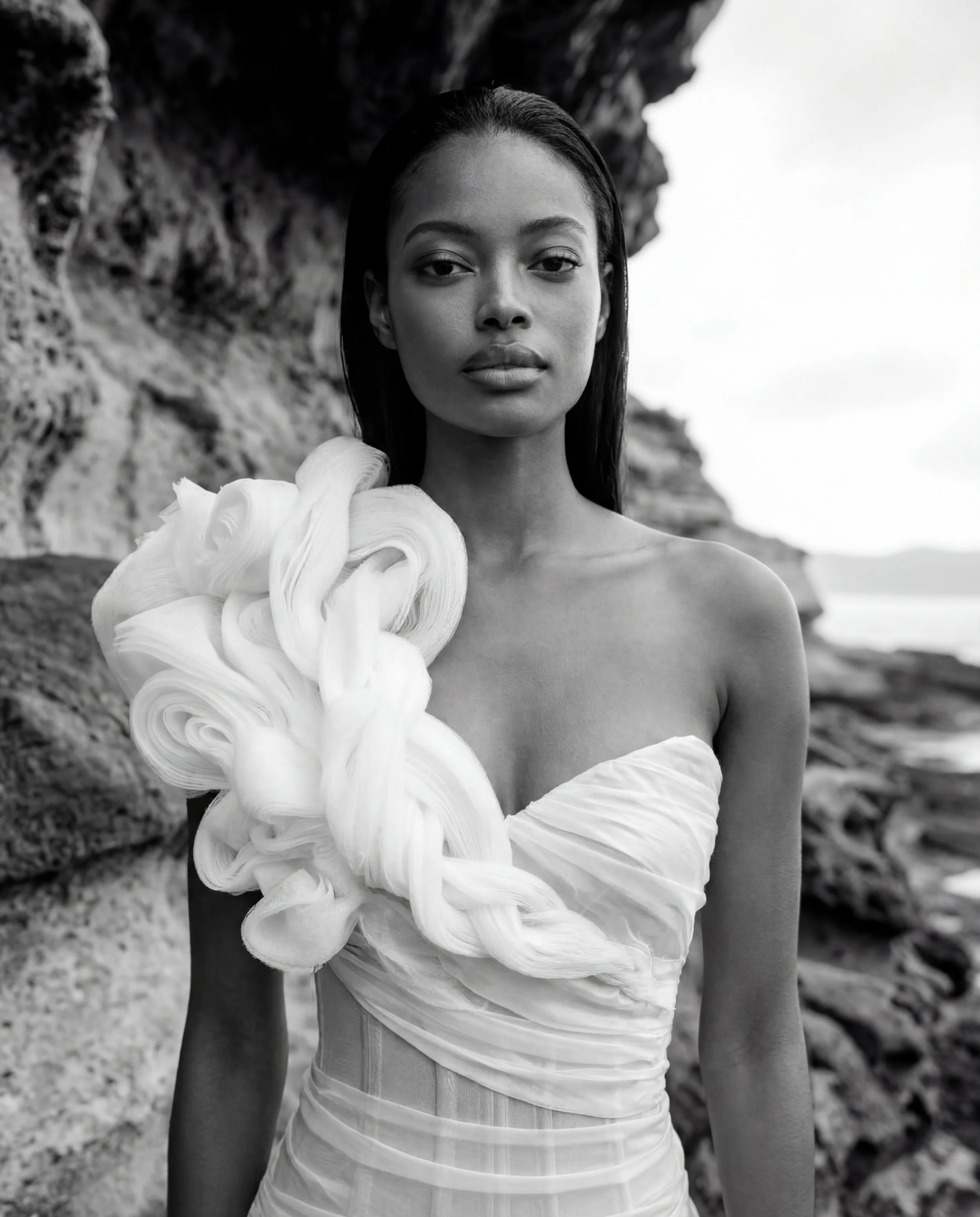 Wedding dress by Lana Marinenko with a dropped waist silhouette in luxurious silk, modern and elegant design