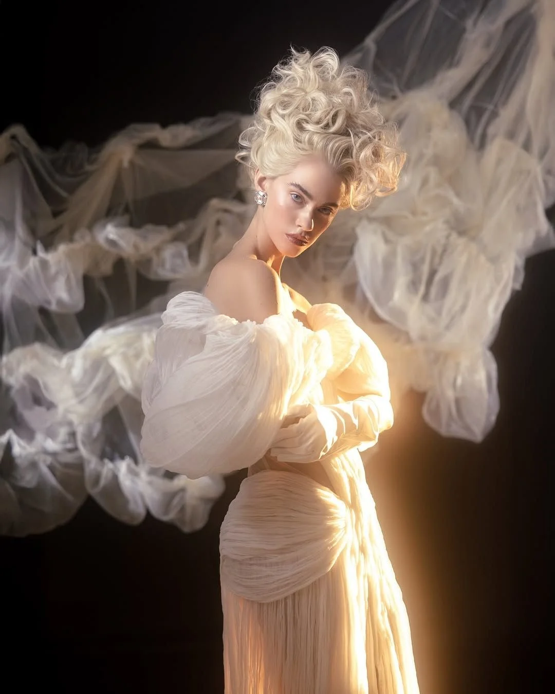 Glee wedding dress by Rara Avis — full front view of handmade silk bridal gown with off-shoulder volume from Anima Mea collection