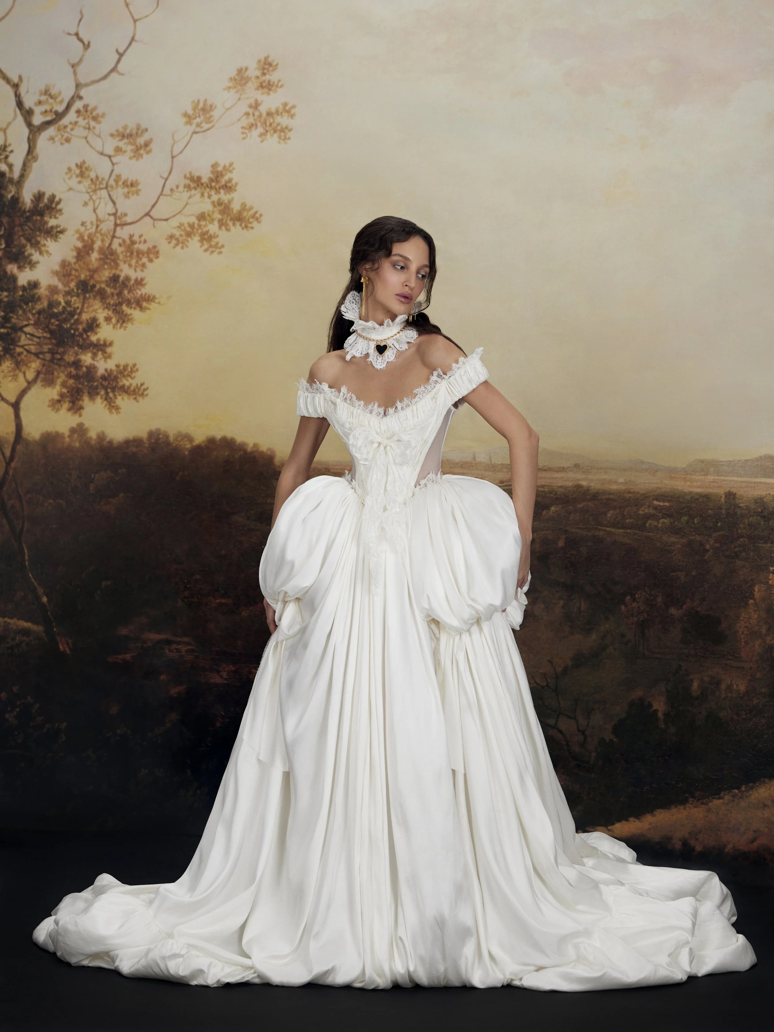 Albert by Rara Avis full bridal look — Marie Antoinette–inspired raw silk ball gown with corset bodice and pleated skirt